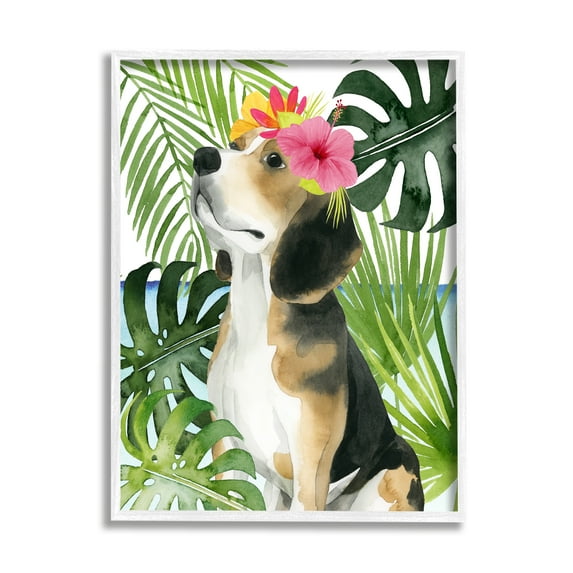 Stupell Industries Puppy with Hibiscus Animals & Insects Painting White Framed Art Print Wall Art, 11 x 14