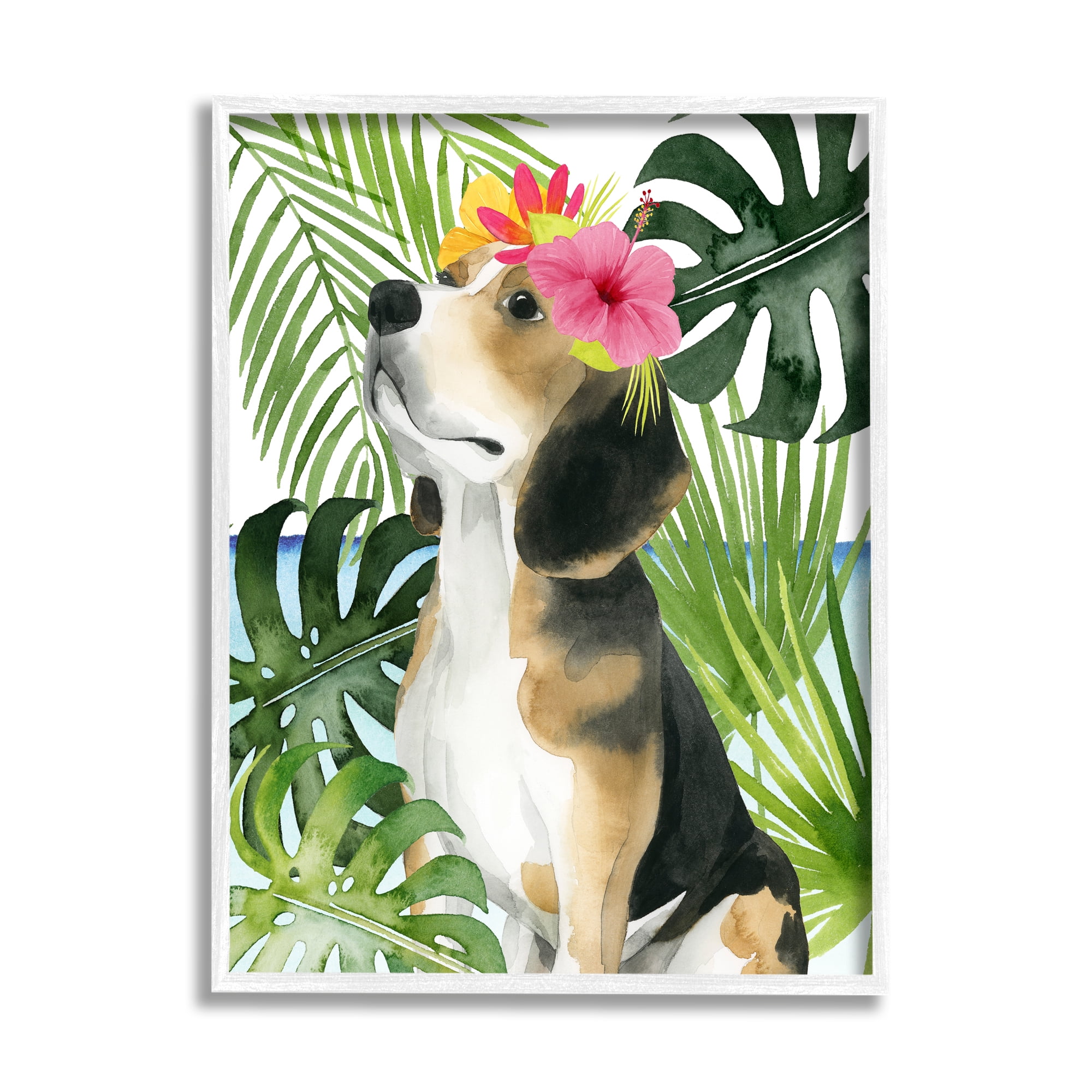 Stupell Industries Puppy with Hibiscus Animals & Insects Painting White Framed Art Print Wall Art, 24 x 30