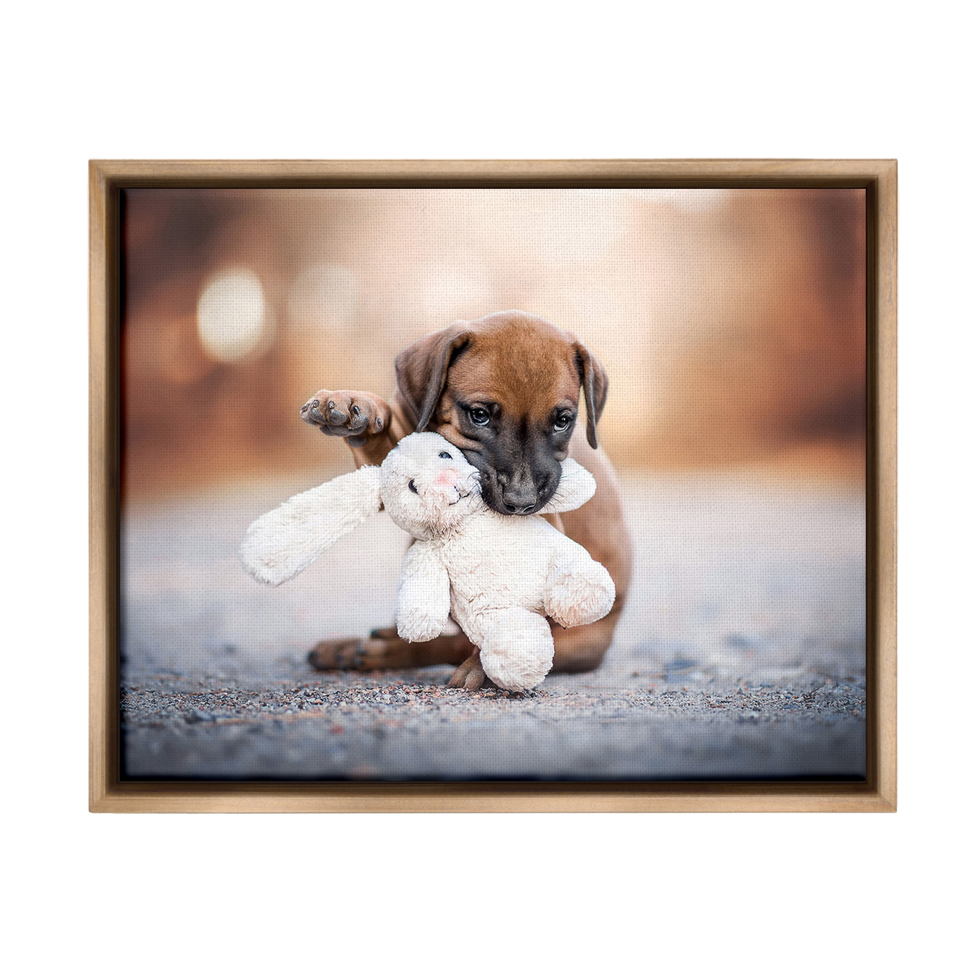 Stupell Industries Puppy with Plushie Toy Animals & Insects Painting Brown Floater Framed Canvas Art Print Wall Art, 31 x 25