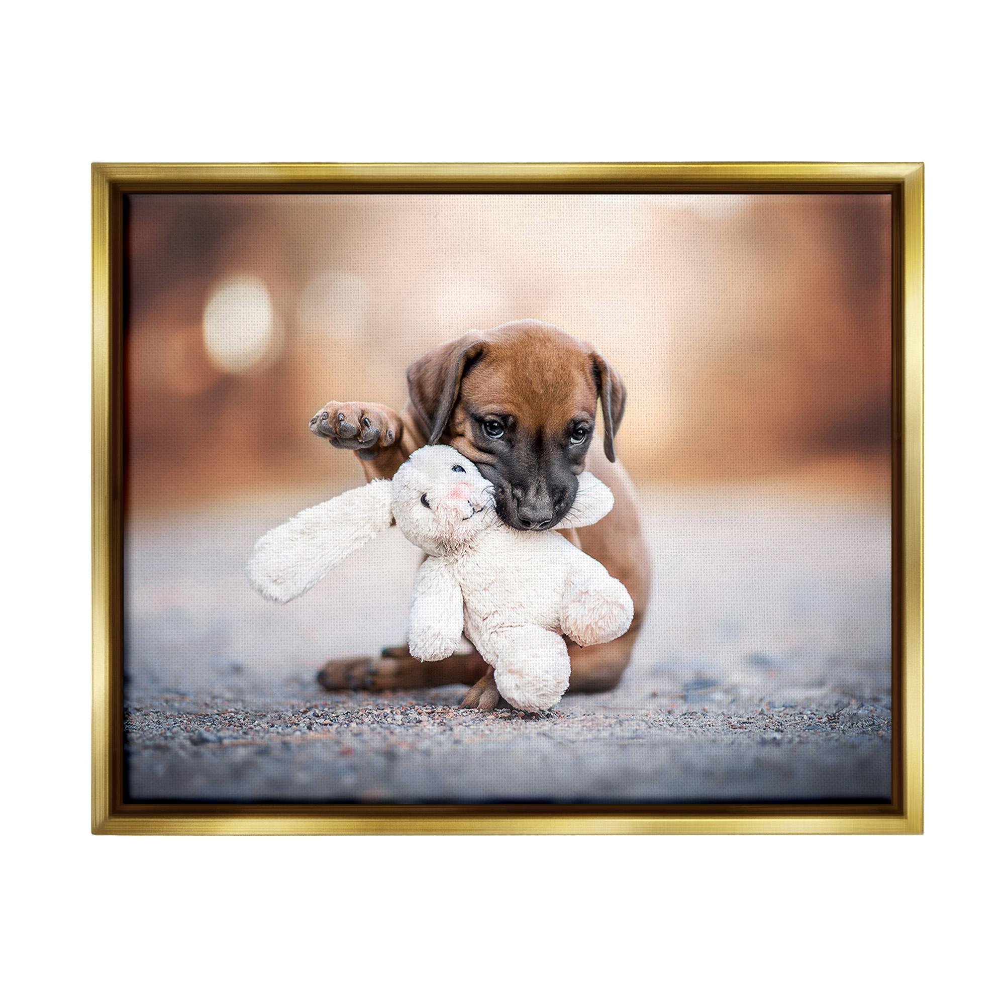Stupell Industries Puppy with Plushie Toy Animals & Insects Painting Gold Floater Framed Canvas Art Print Wall Art, 21 x 17