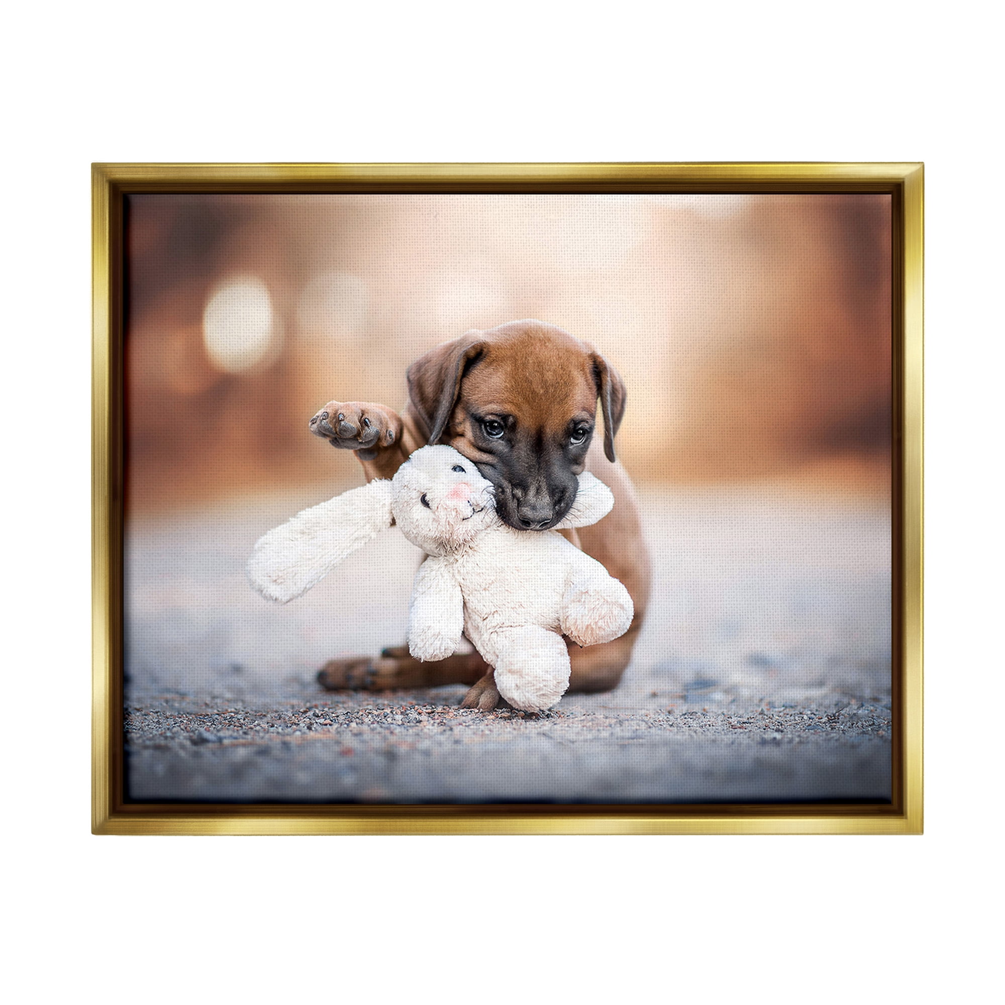 Stupell Industries Puppy with Plushie Toy Animals & Insects Painting Gold Floater Framed Canvas Art Print Wall Art, 31 x 25