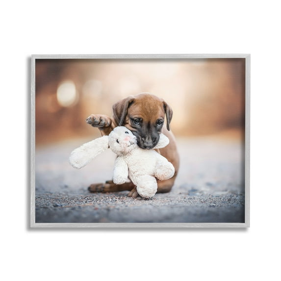 Stupell Industries Puppy with Plushie Toy Animals & Insects Painting Gray Framed Art Print Wall Art, 20 x 16