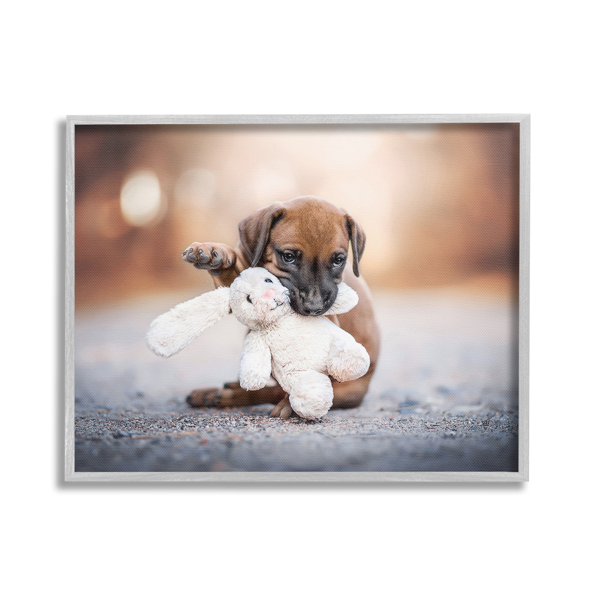 Stupell Industries Puppy with Plushie Toy Animals & Insects Painting Gray Framed Art Print Wall Art, 30 x 24