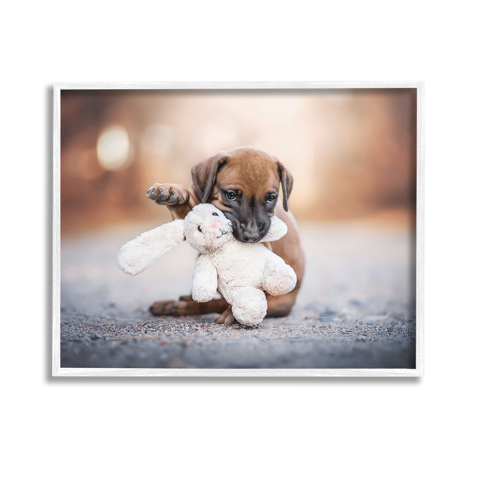 Stupell Industries Puppy with Plushie Toy Animals & Insects Painting White Framed Art Print Wall Art, 14 x 11