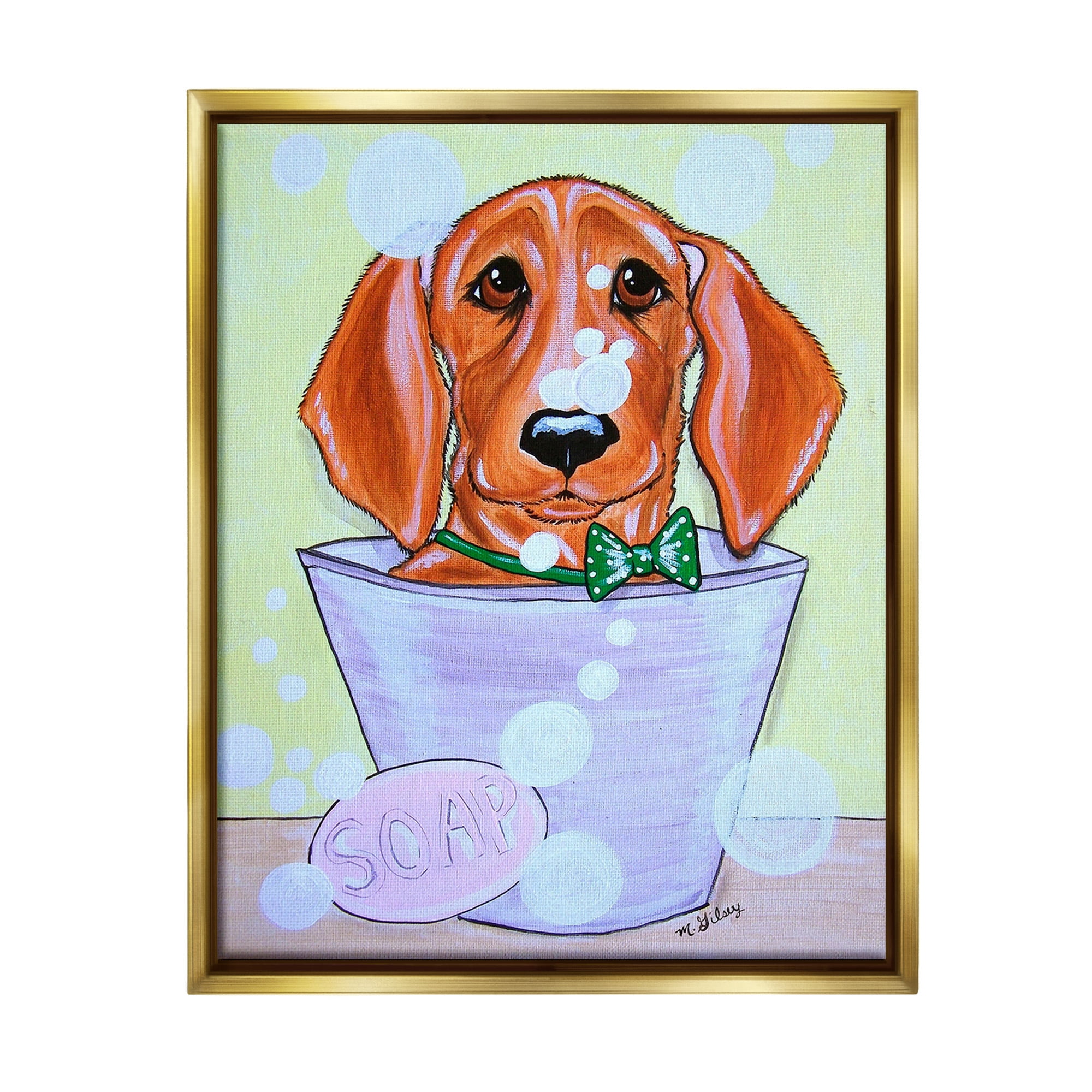 Stupell Industries Puppy with Soap Bubbles Animals & Insects Painting Gold Floater Framed Canvas Art Print Wall Art, 25 x 31