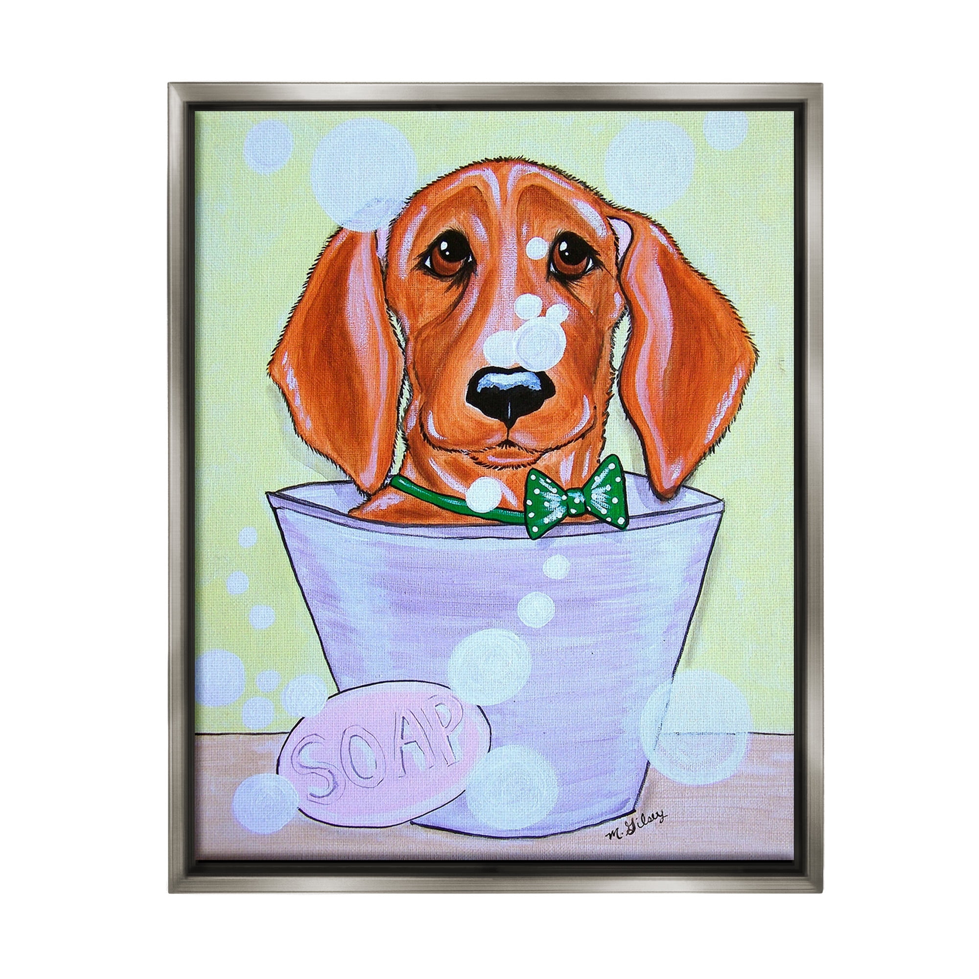 Stupell Industries Puppy with Soap Bubbles Animals & Insects Painting Gray Floater Framed Canvas Art Print Wall Art, 17 x 21