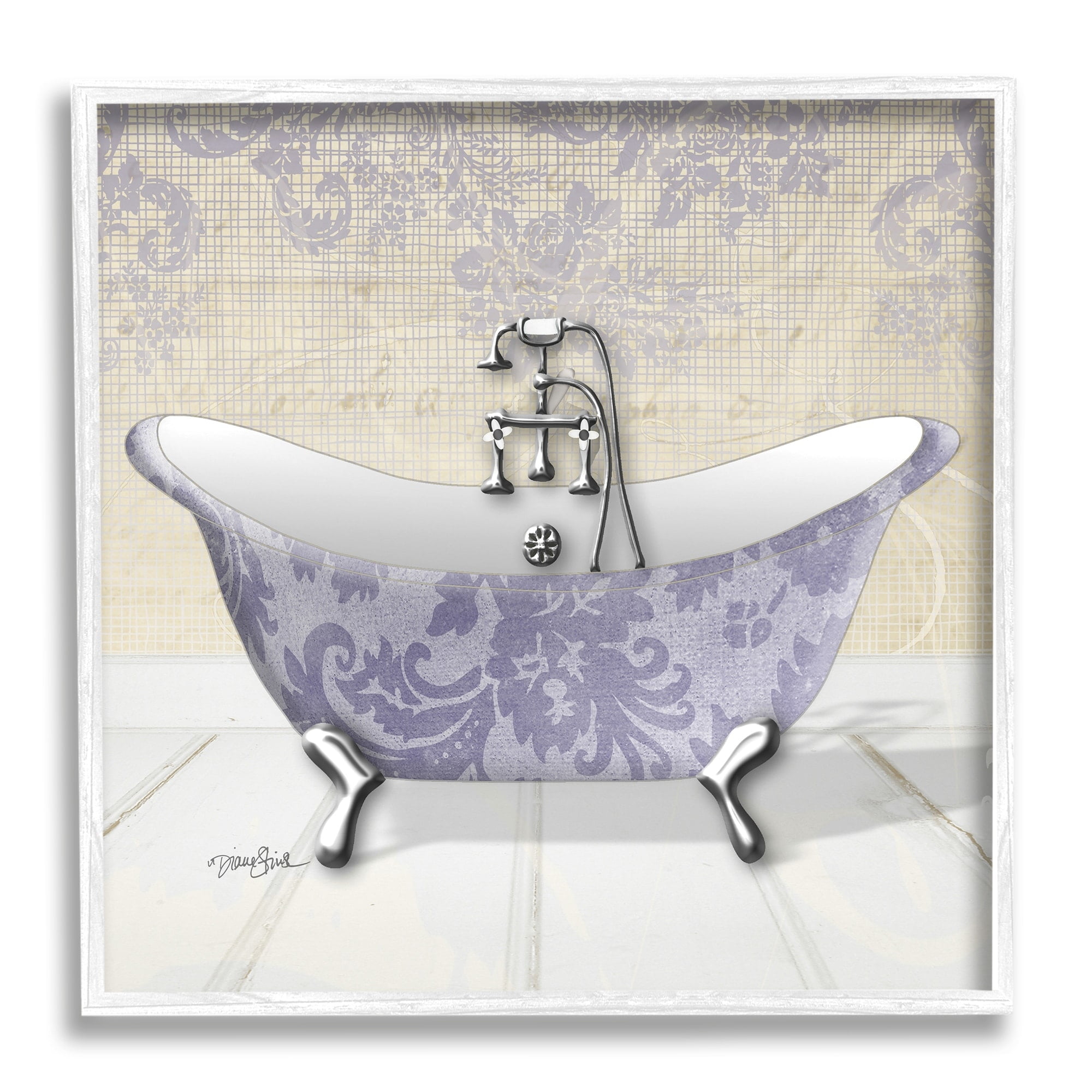 Stupell Industries Purple Damask Claw Foot Tub Bathroom, 12 x 12,Design by Diane Stimson