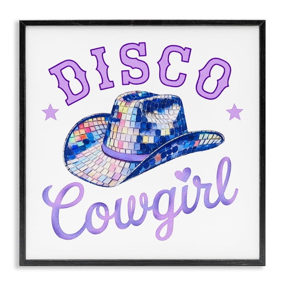 Stupell Industries Purple Disco Cowgirl Hat Quotes and Sayings Painting Black Framed Art Print Wall Art, 24 x 24