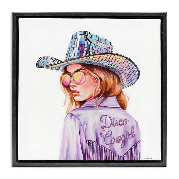 Stupell Industries Purple Disco Cowgirl People Painting Black Floater Framed Canvas Art Print Wall Art, 25 x 25