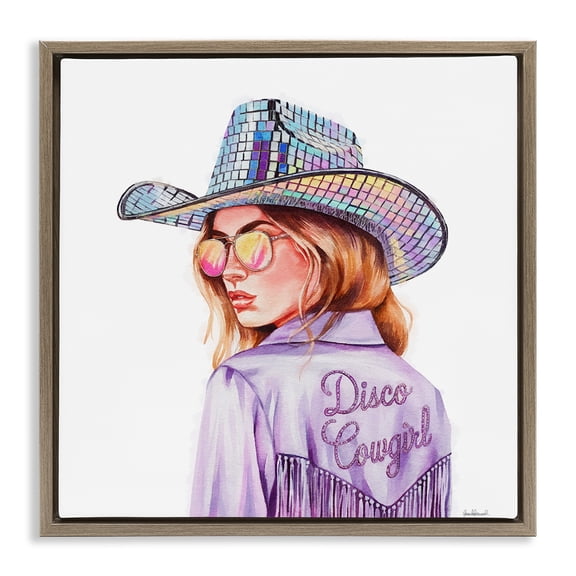 Stupell Industries Purple Disco Cowgirl People Painting Brown Floater Framed Canvas Art Print Wall Art, 25 x 25