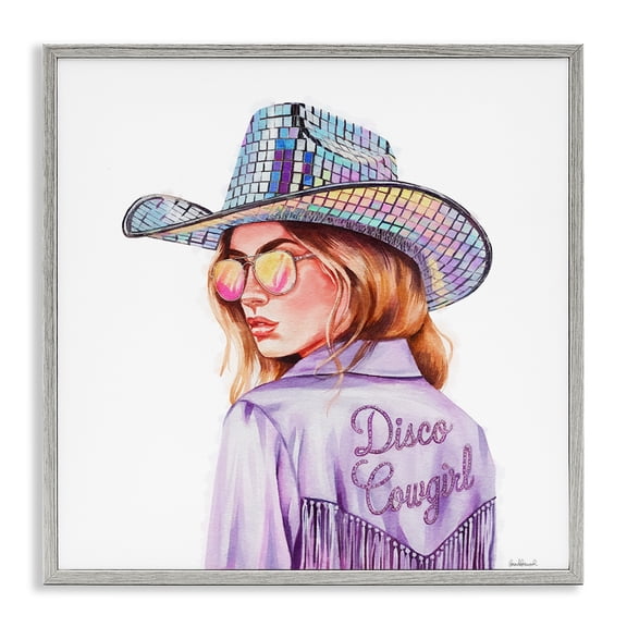 Stupell Industries Purple Disco Cowgirl People Painting Gray Framed Art Print Wall Art, 24 x 24