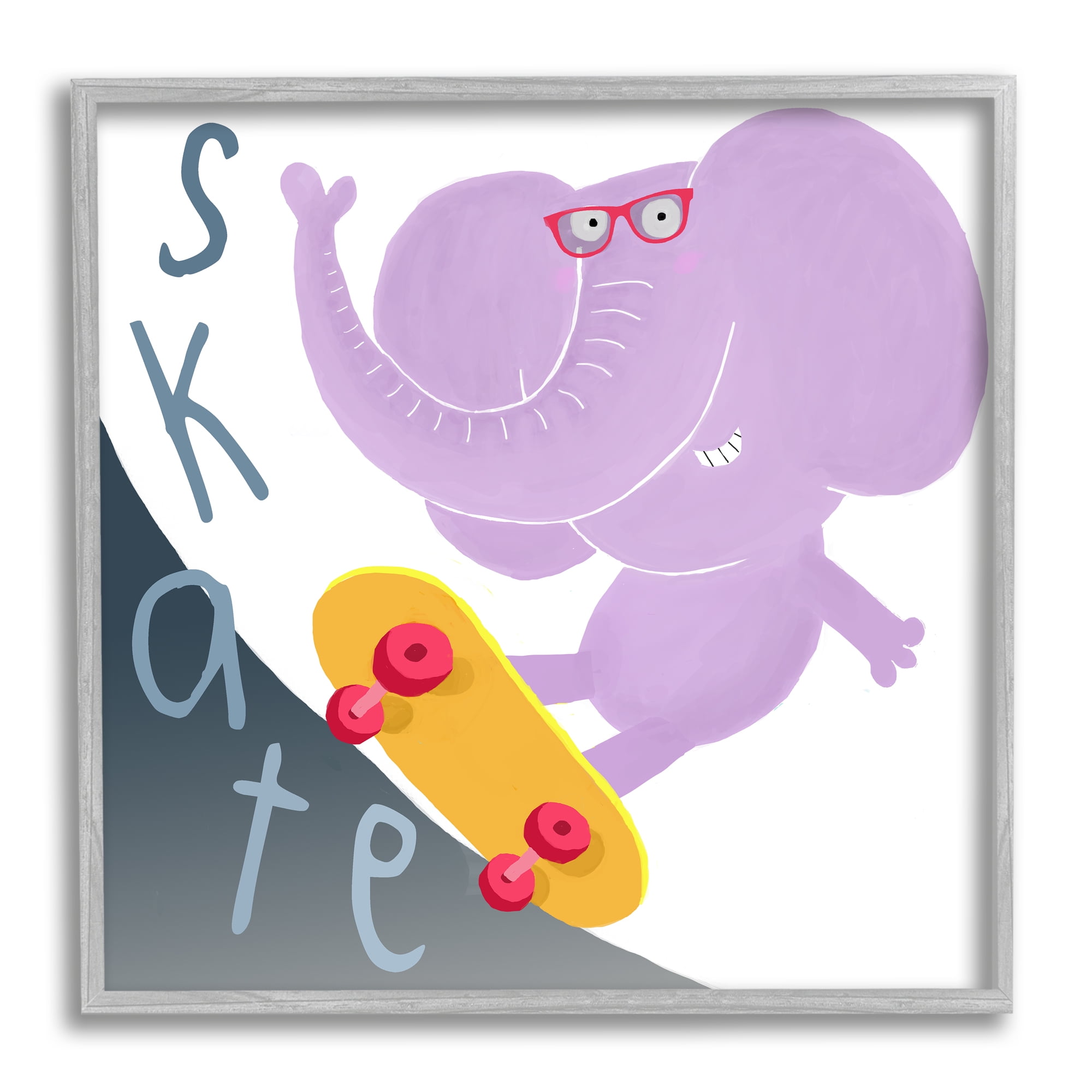 Stupell Industries Purple Elephant on Skateboard Animals & Insects Painting Gray Framed Art Print Wall Art, 12 x 12