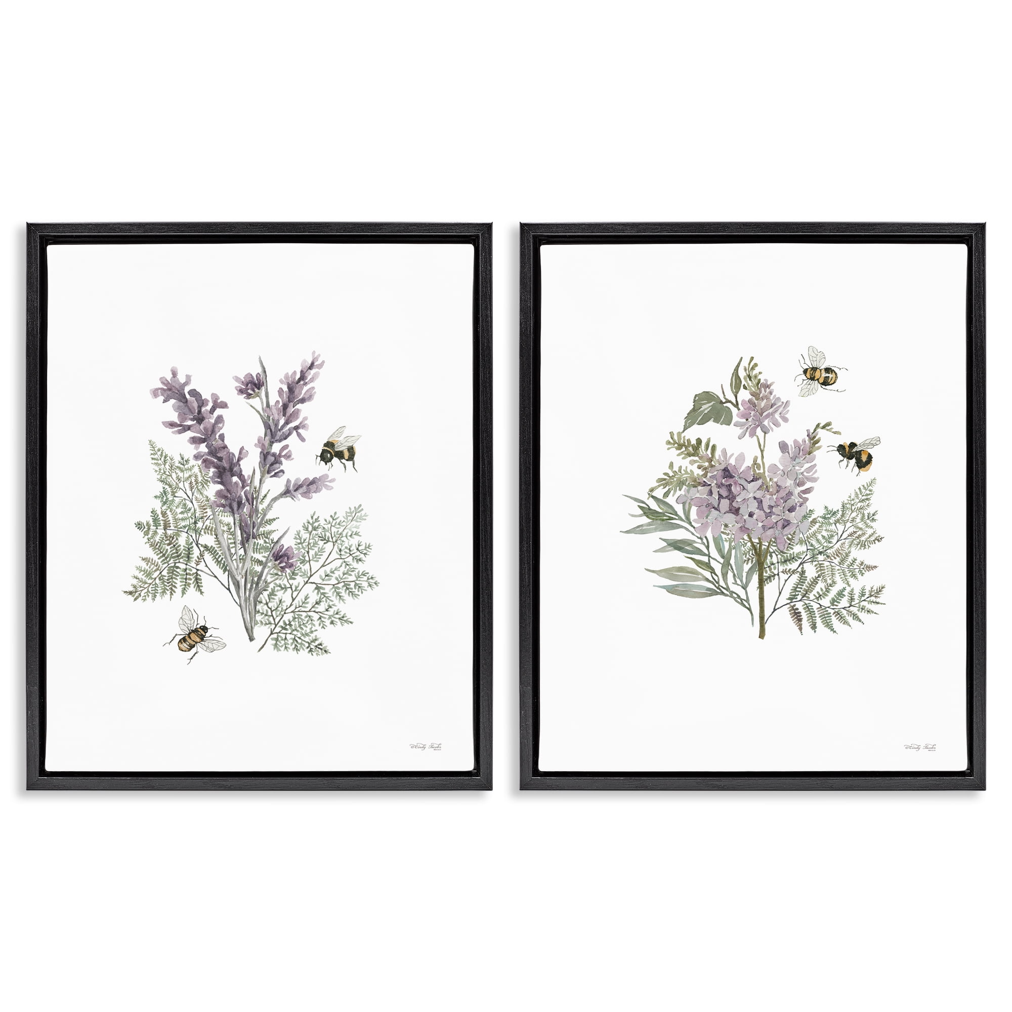 Stupell Industries Purple Floral Ferns Bees Plants & Flowers Painting Black Floater Framed Canvas Art Print Wall Art, 17 x 21, Set of 2