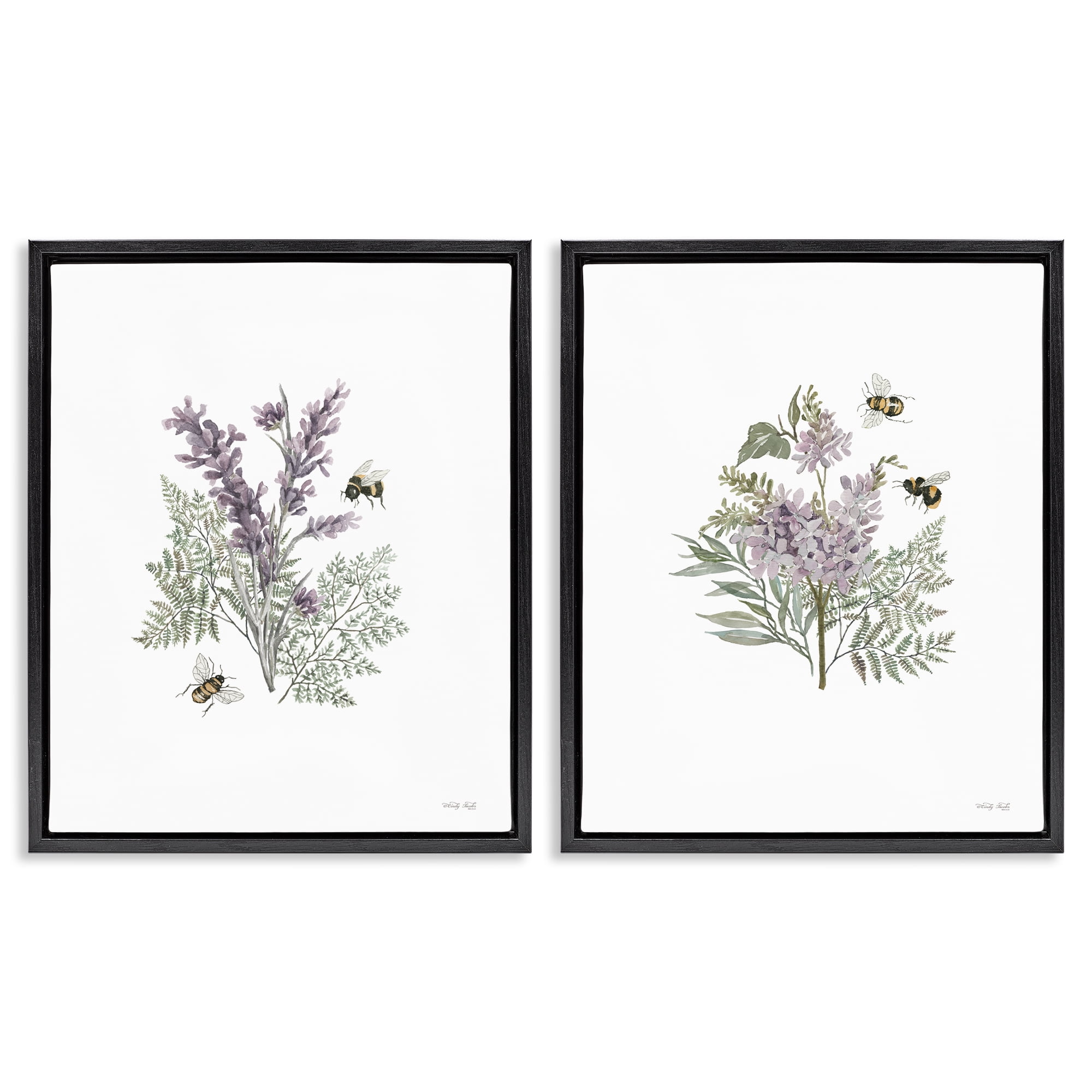 Stupell Industries Purple Floral Ferns Bees Plants & Flowers Painting Black Floater Framed Canvas Art Print Wall Art, 31 x 25, Set of 2