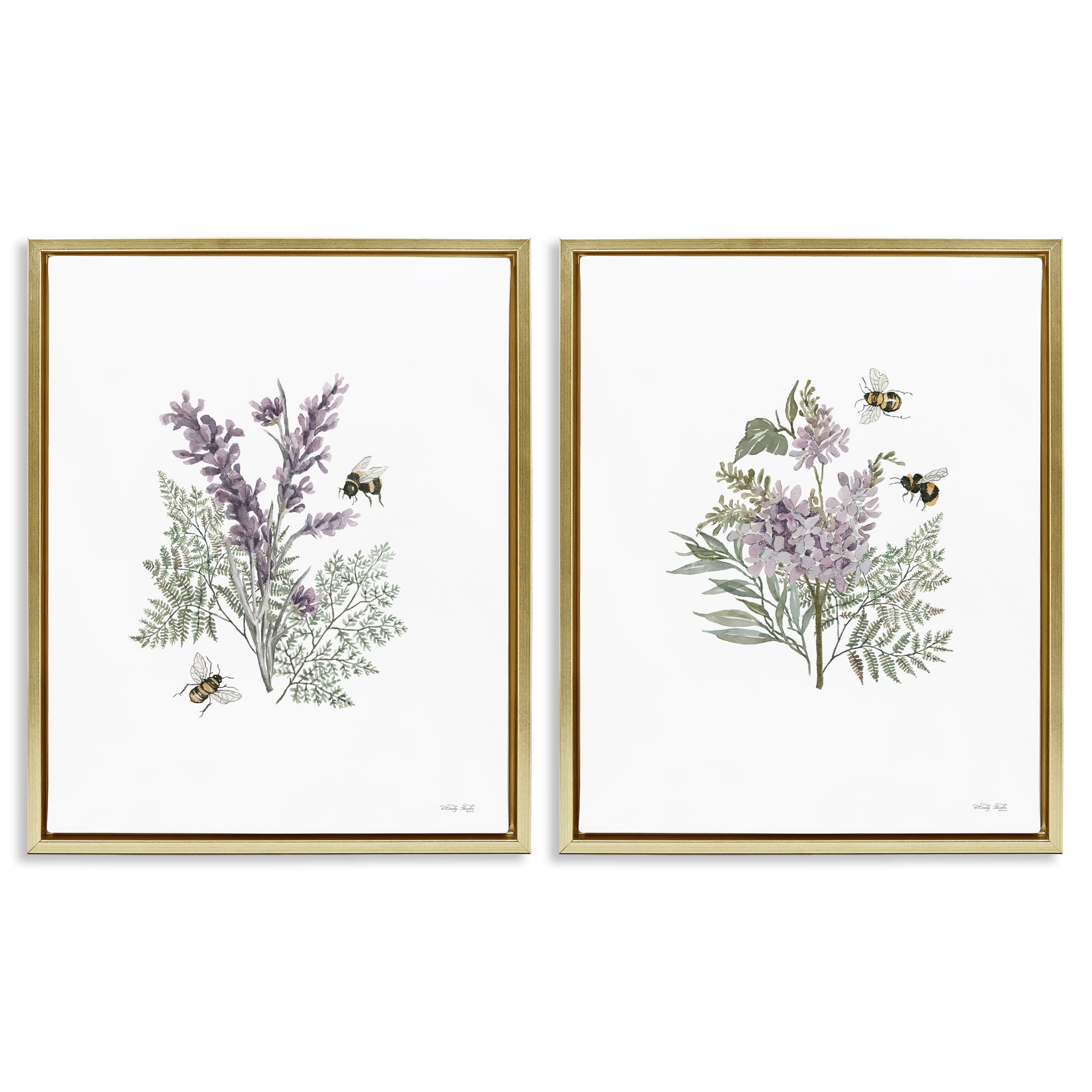Stupell Industries Purple Floral Ferns Bees Plants & Flowers Painting Gold Floater Framed Canvas Art Print Wall Art, 31 x 25, Set of 2