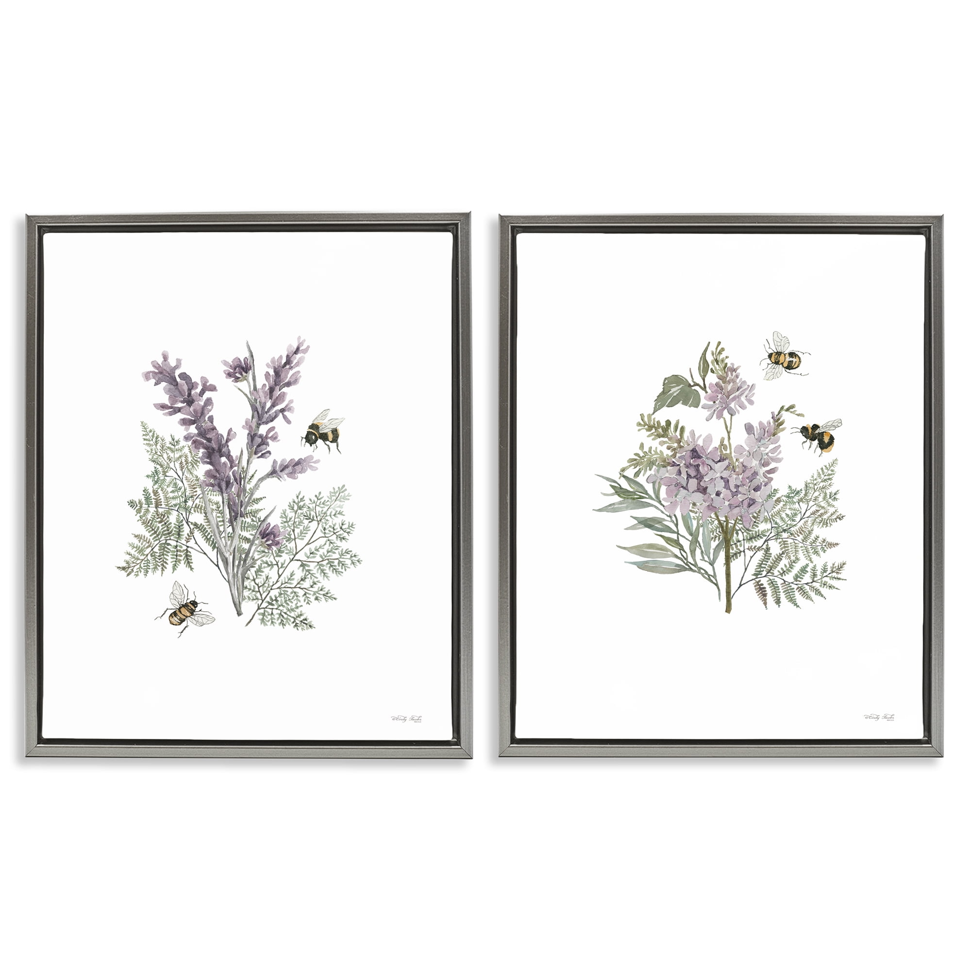 Stupell Industries Purple Floral Ferns Bees Plants & Flowers Painting Gray Floater Framed Canvas Art Print Wall Art, 17 x 21, Set of 2