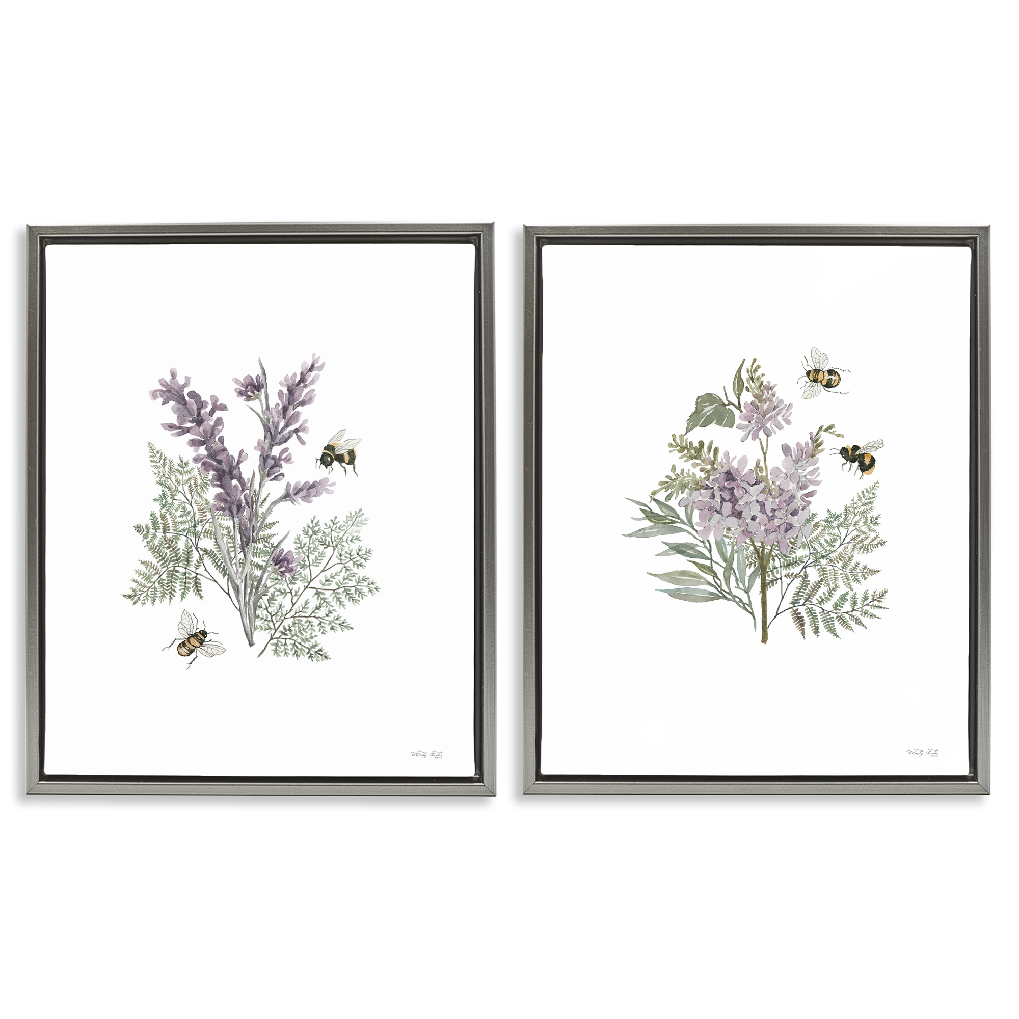 Stupell Industries Purple Floral Ferns Bees Plants & Flowers Painting Gray Floater Framed Canvas Art Print Wall Art, 31 x 25, Set of 2