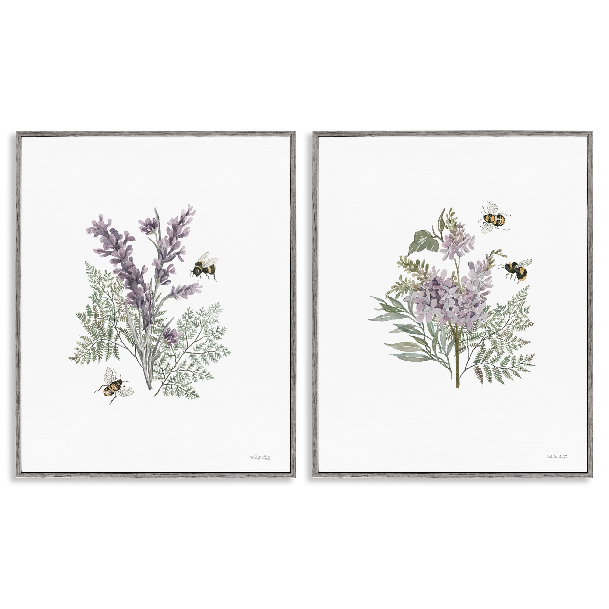 Stupell Industries Purple Floral Ferns Bees Plants & Flowers Painting Gray Framed Art Print Wall Art, 11 x 14, Set of 2