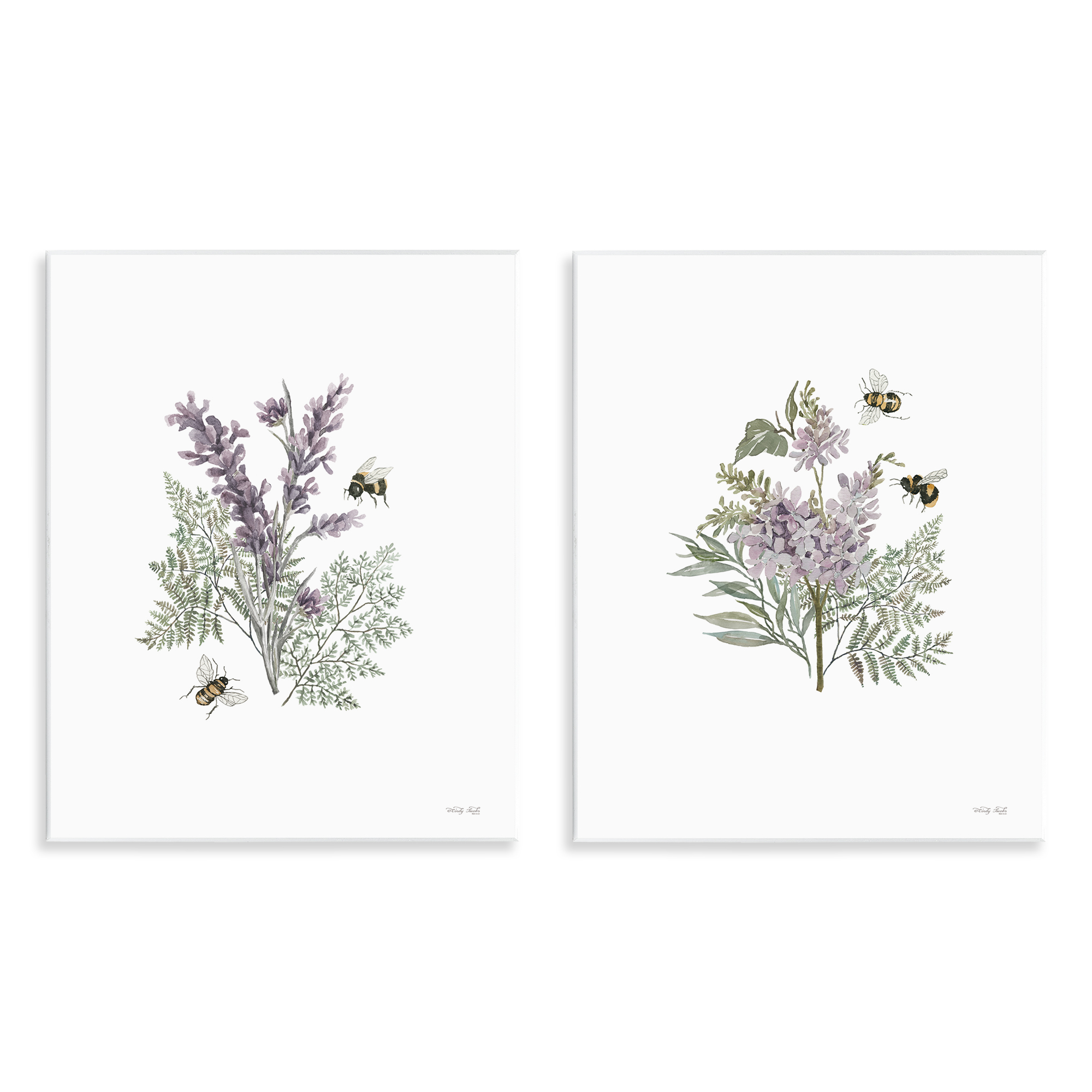 Stupell Industries Purple Floral Ferns Bees Plants & Flowers Painting Unframed Art Print Wall Art, 11 x 14, Set of 2