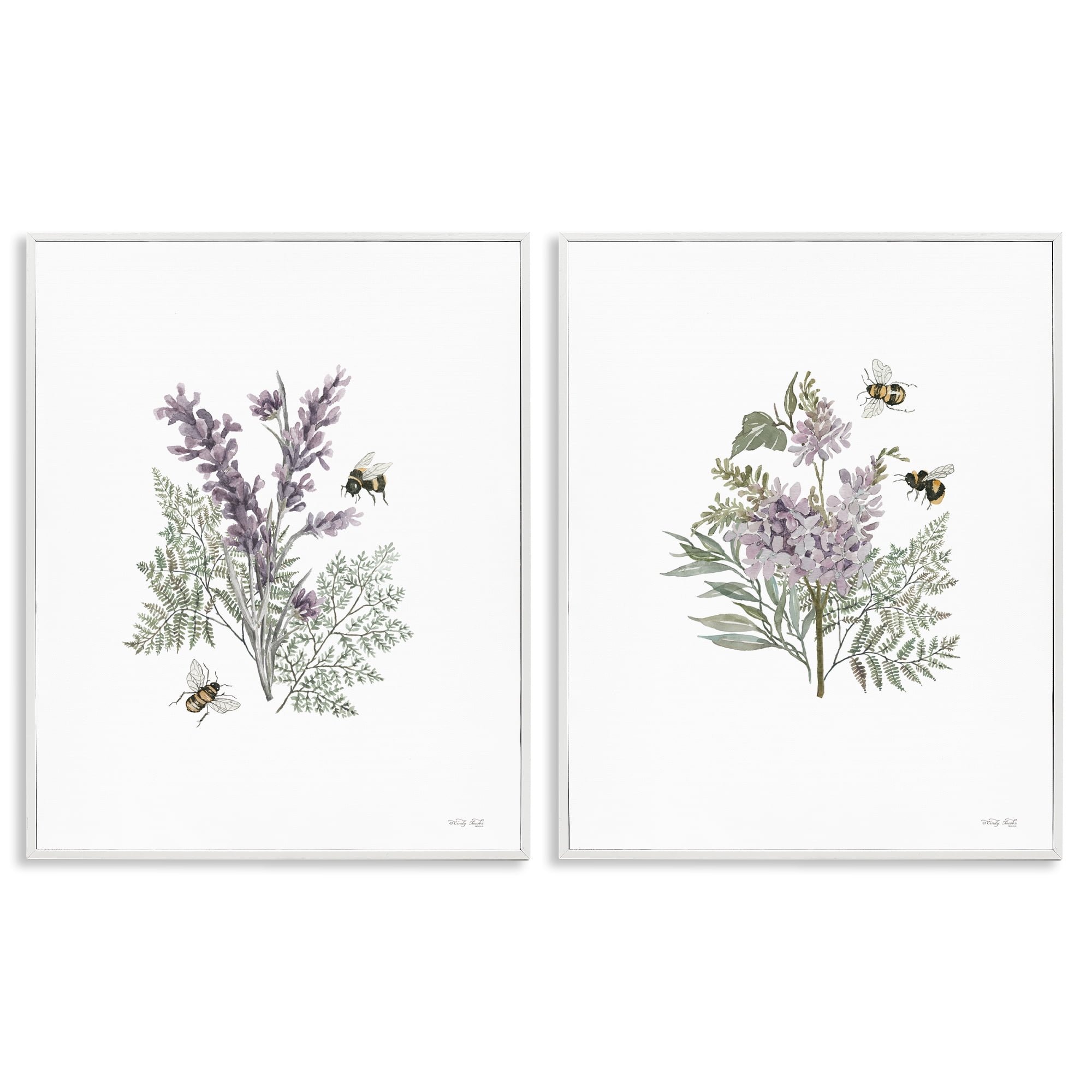 Stupell Industries Purple Floral Ferns Bees Plants & Flowers Painting White Framed Art Print Wall Art, 11 x 14, Set of 2
