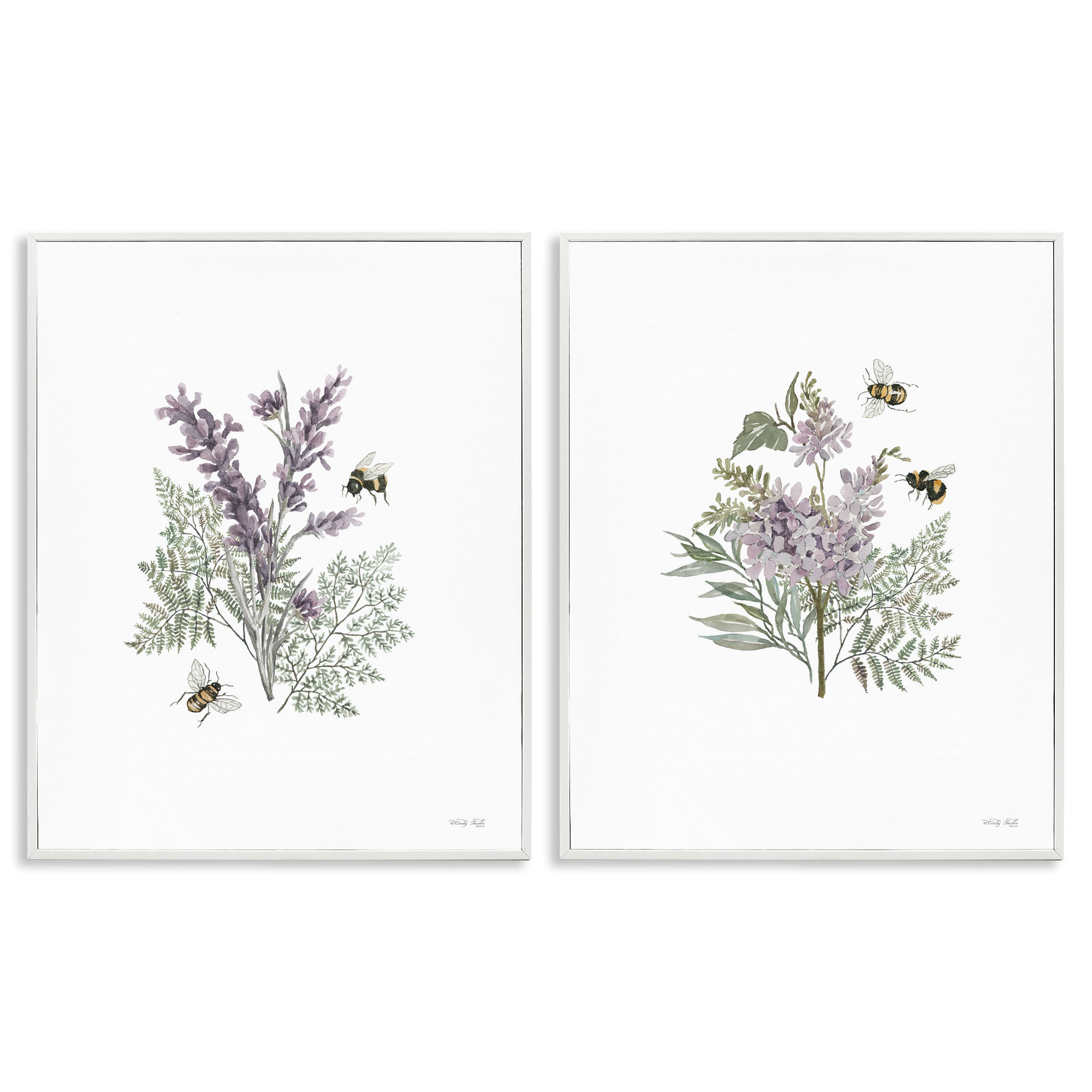 Stupell Industries Purple Floral Ferns Bees Plants & Flowers Painting White Framed Art Print Wall Art, 24 x 30, Set of 2