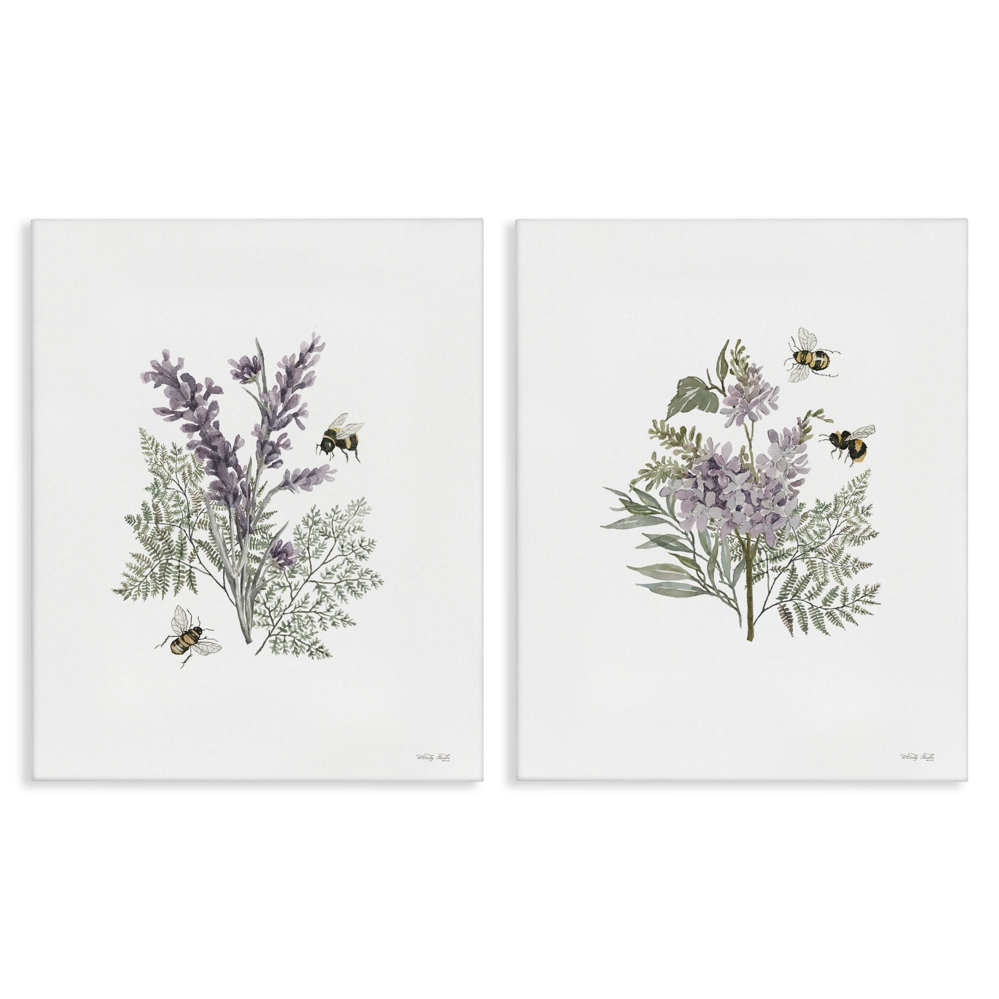 Stupell Industries Purple Floral Ferns Bees Plants & Flowers Painting Wrapped Canvas Art Print Wall Art, 16 x 20, Set of 2