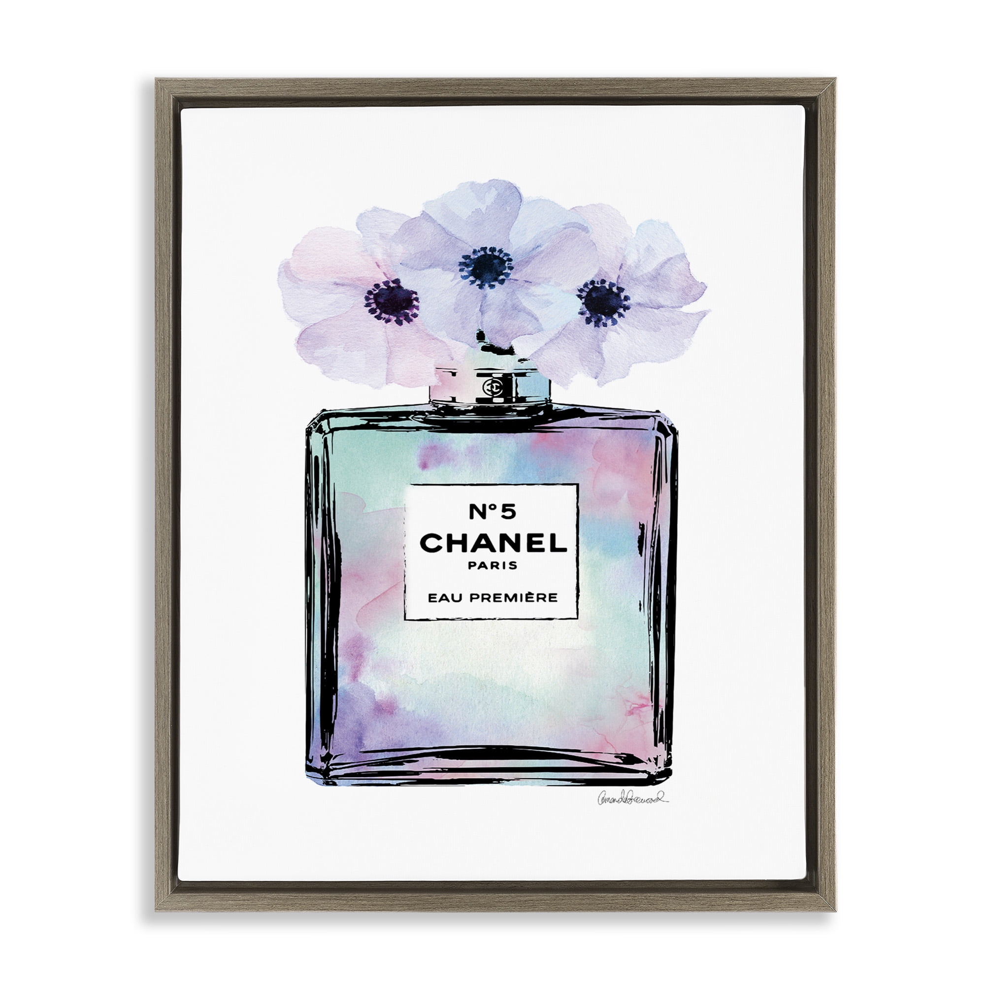 Stupell Industries Purple Flower Glam Perfume Beauty & Fashion Painting Brown Floater Framed Canvas Art Print Wall Art, 25 x 31