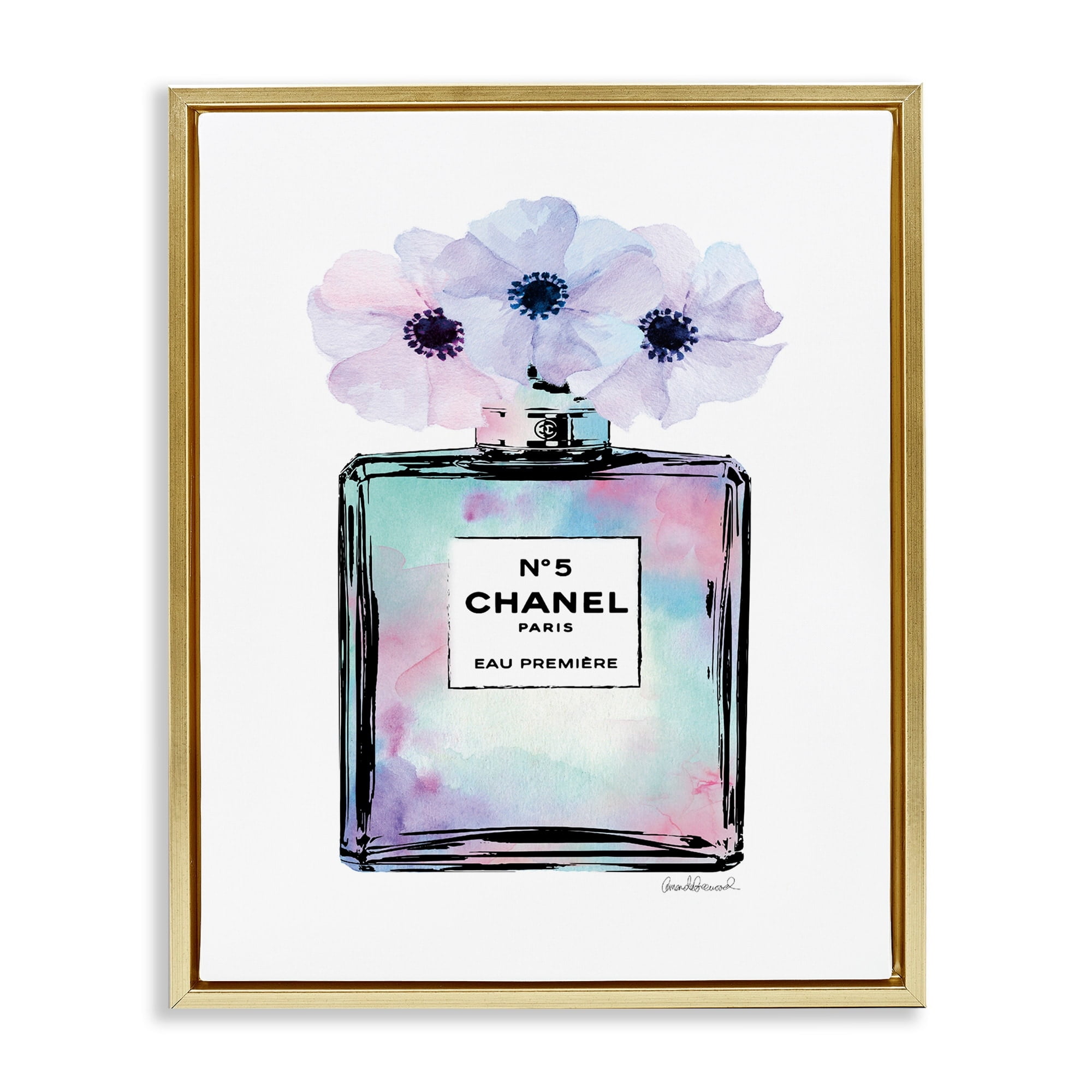 Stupell Industries Purple Flower Perfume Glam Fashion Design Metallic Gold Framed Floating Canvas Wall Art, 24x30, by Amanda Greenwood