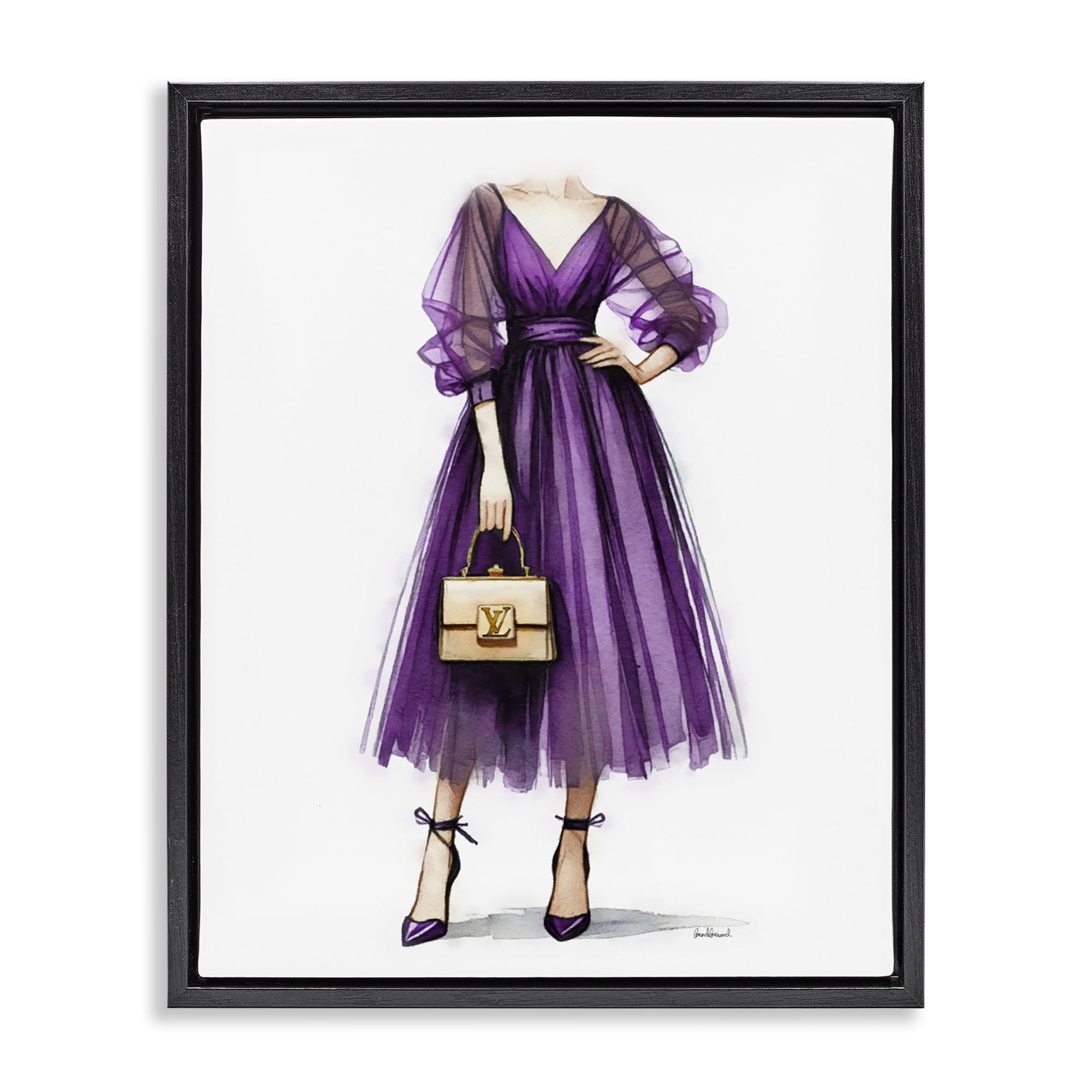 Stupell Industries Purple Glam Dress Fashion Painting Black Floater Framed Canvas Art Print Wall Art, 25 x 31