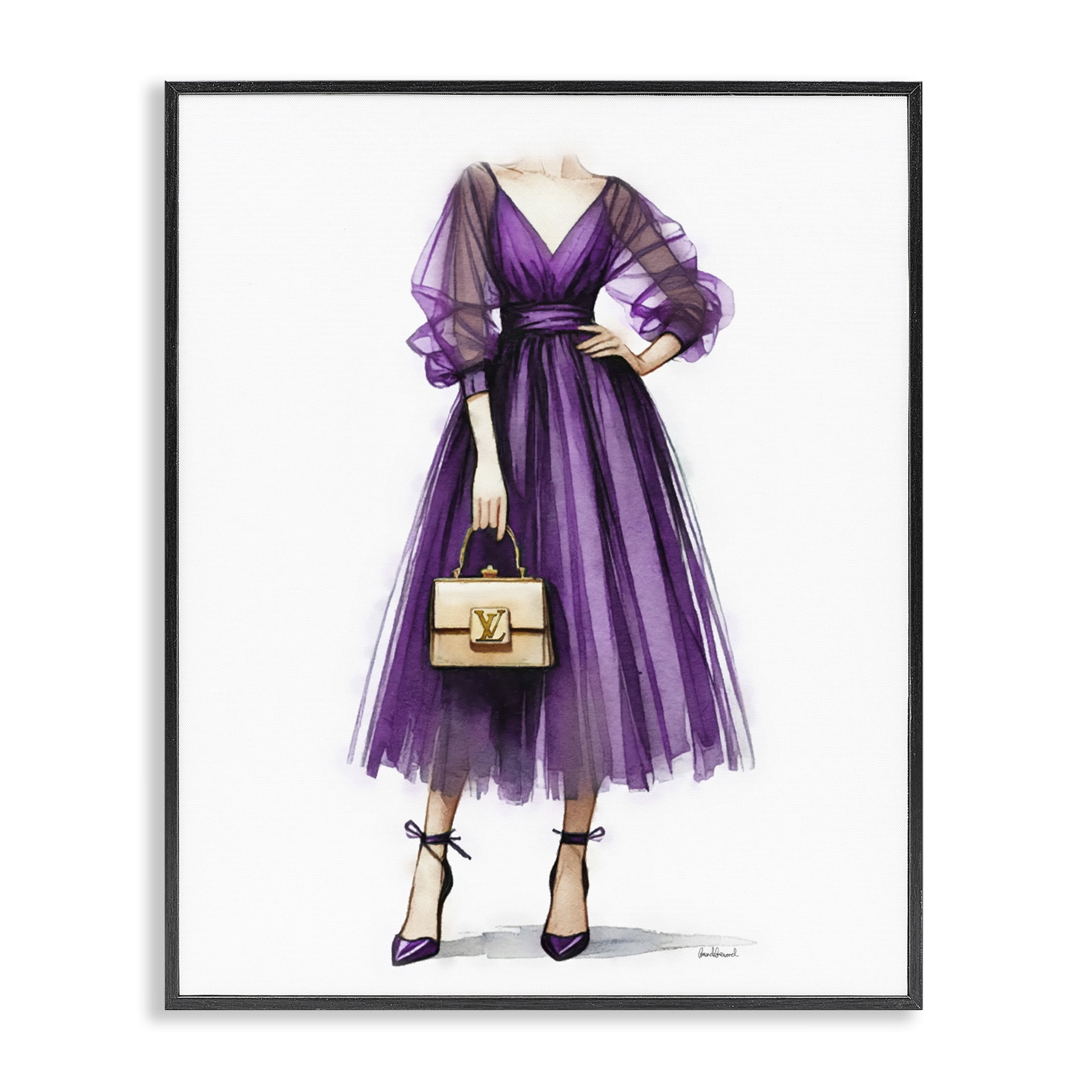 Stupell Industries Purple Glam Dress Fashion Painting Black Framed Art Print Wall Art, 11 x 14