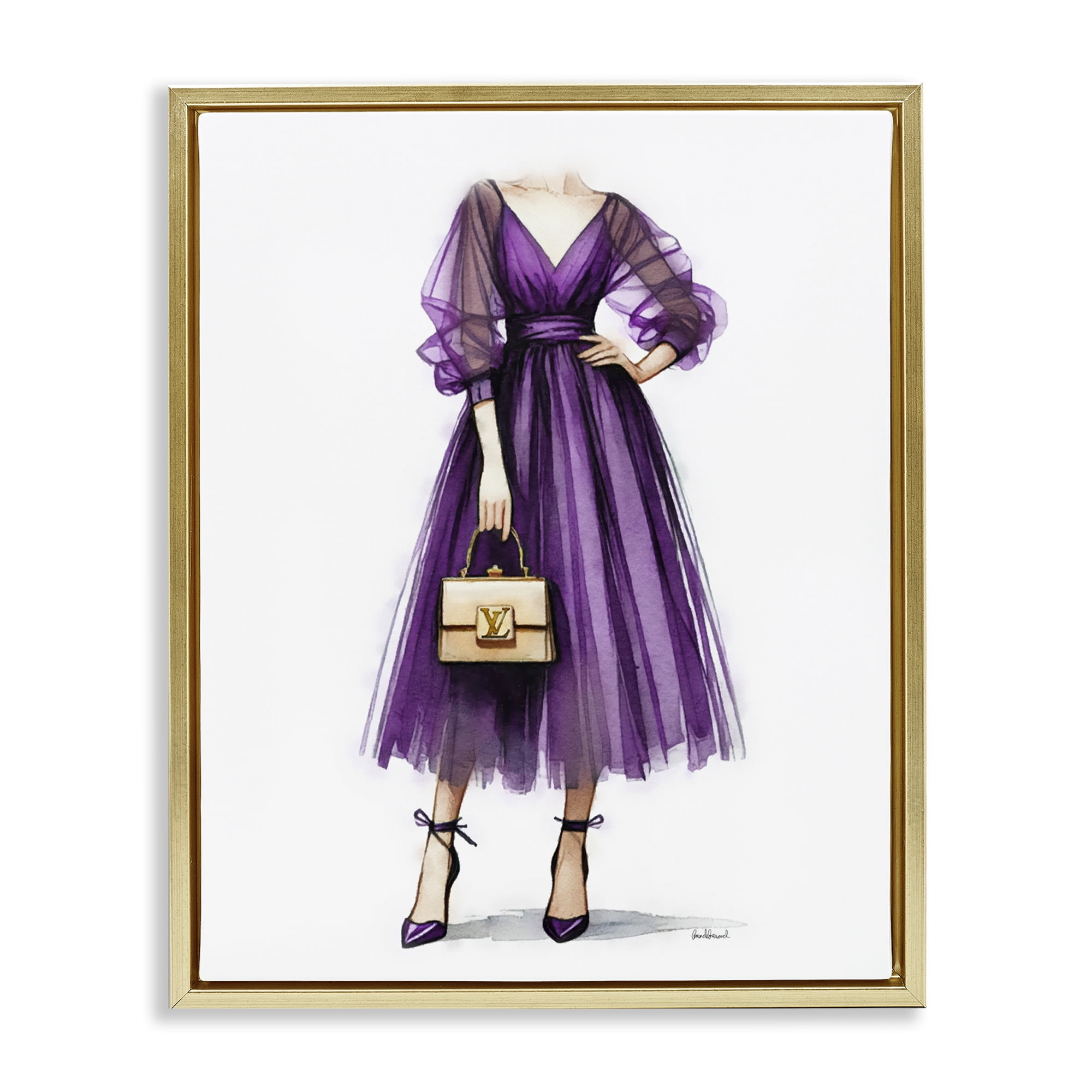 Stupell Industries Purple Glam Dress Fashion Painting Gold Floater Framed Canvas Art Print Wall Art, 17 x 21