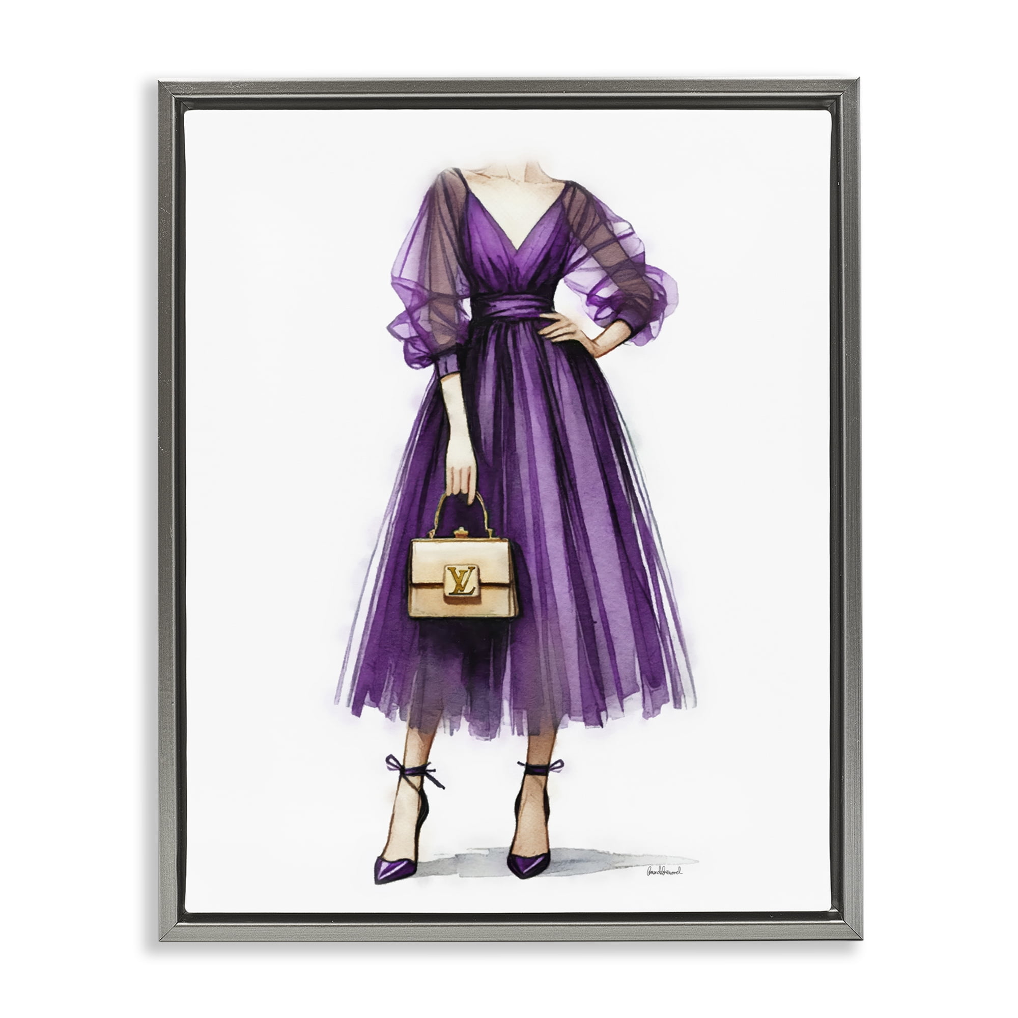Stupell Industries Purple Glam Dress Fashion Painting Gray Floater Framed Canvas Art Print Wall Art, 17 x 21
