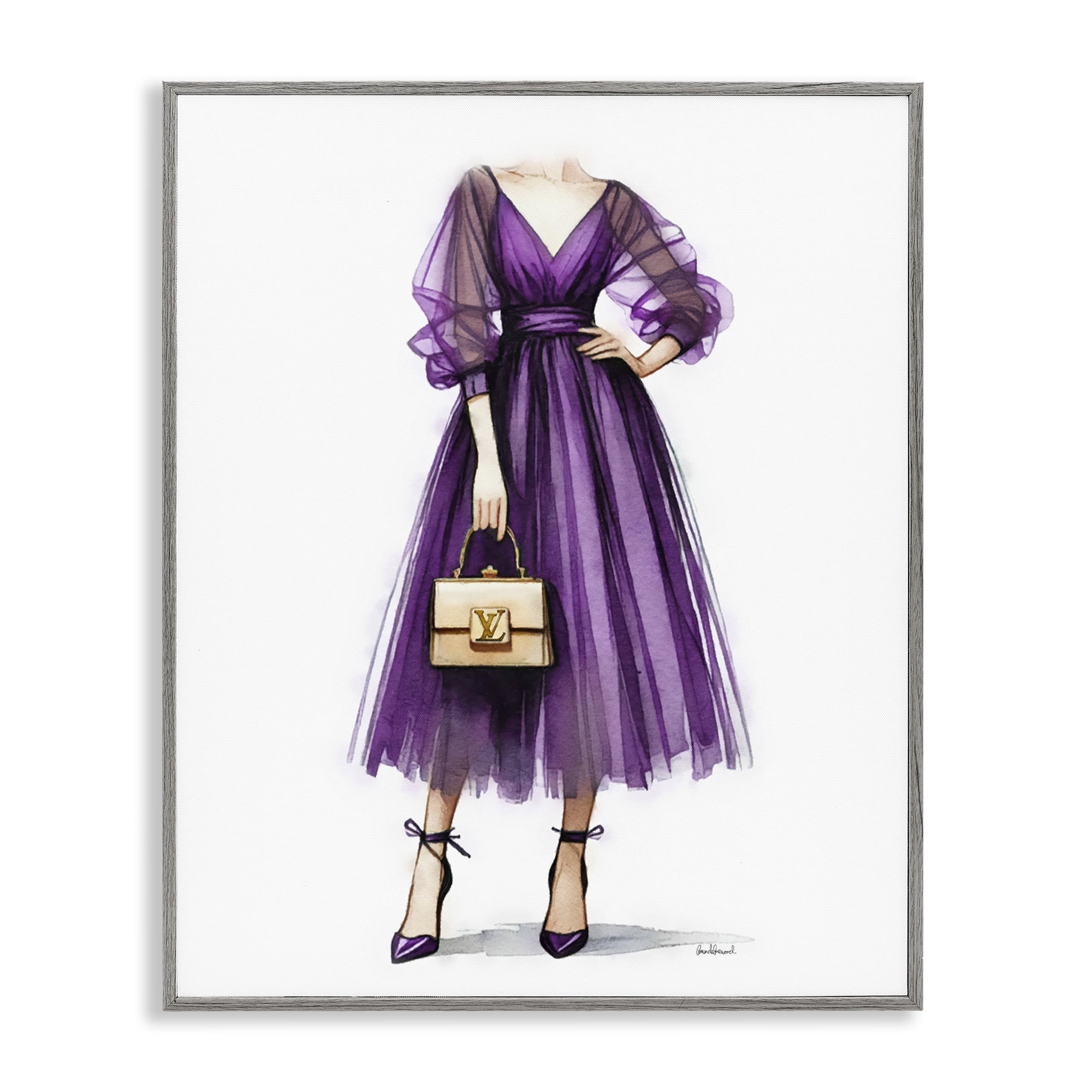 Stupell Industries Purple Glam Dress Fashion Painting Gray Framed Art Print Wall Art, 24 x 30