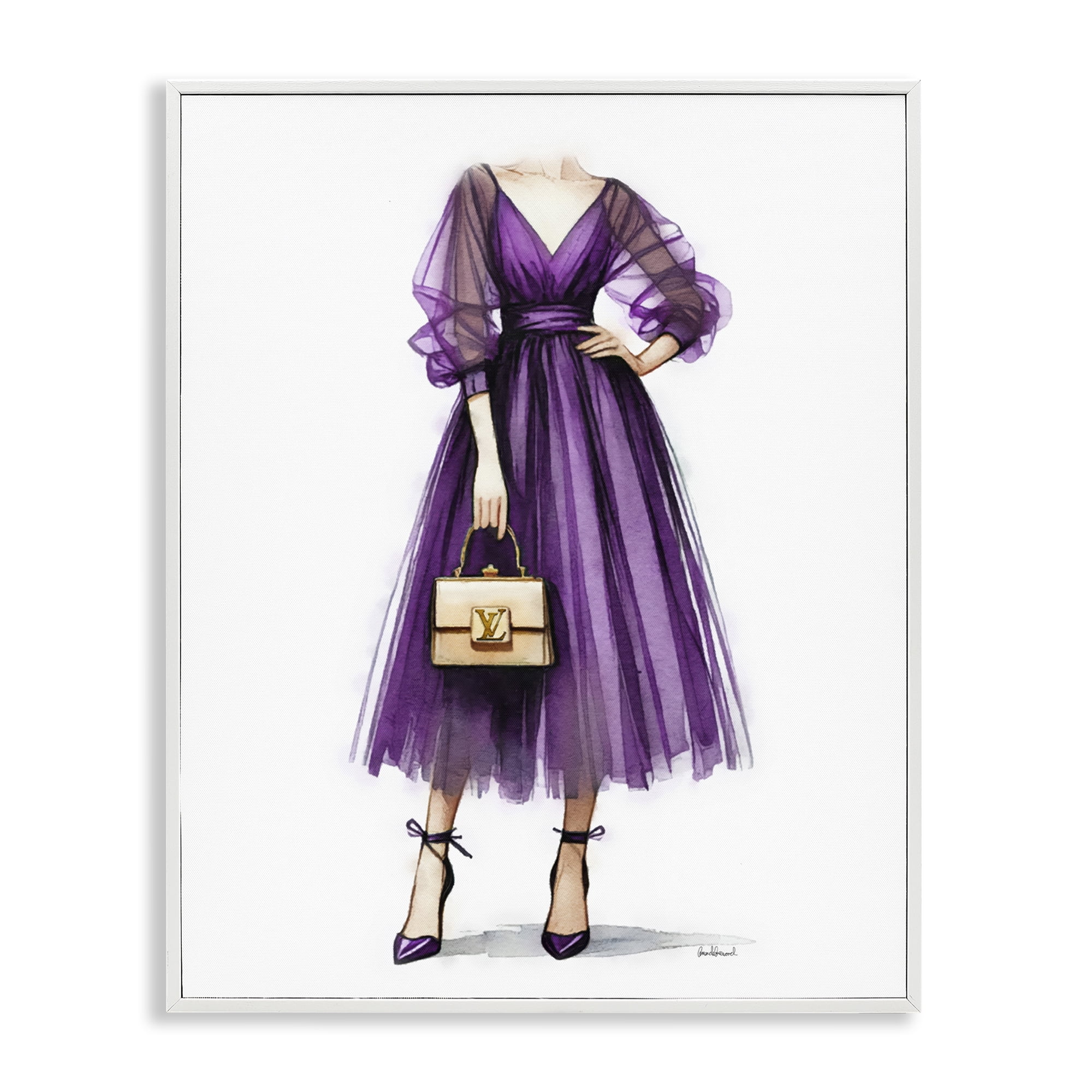Stupell Industries Purple Glam Dress Fashion Painting White Framed Art Print Wall Art, 11 x 14