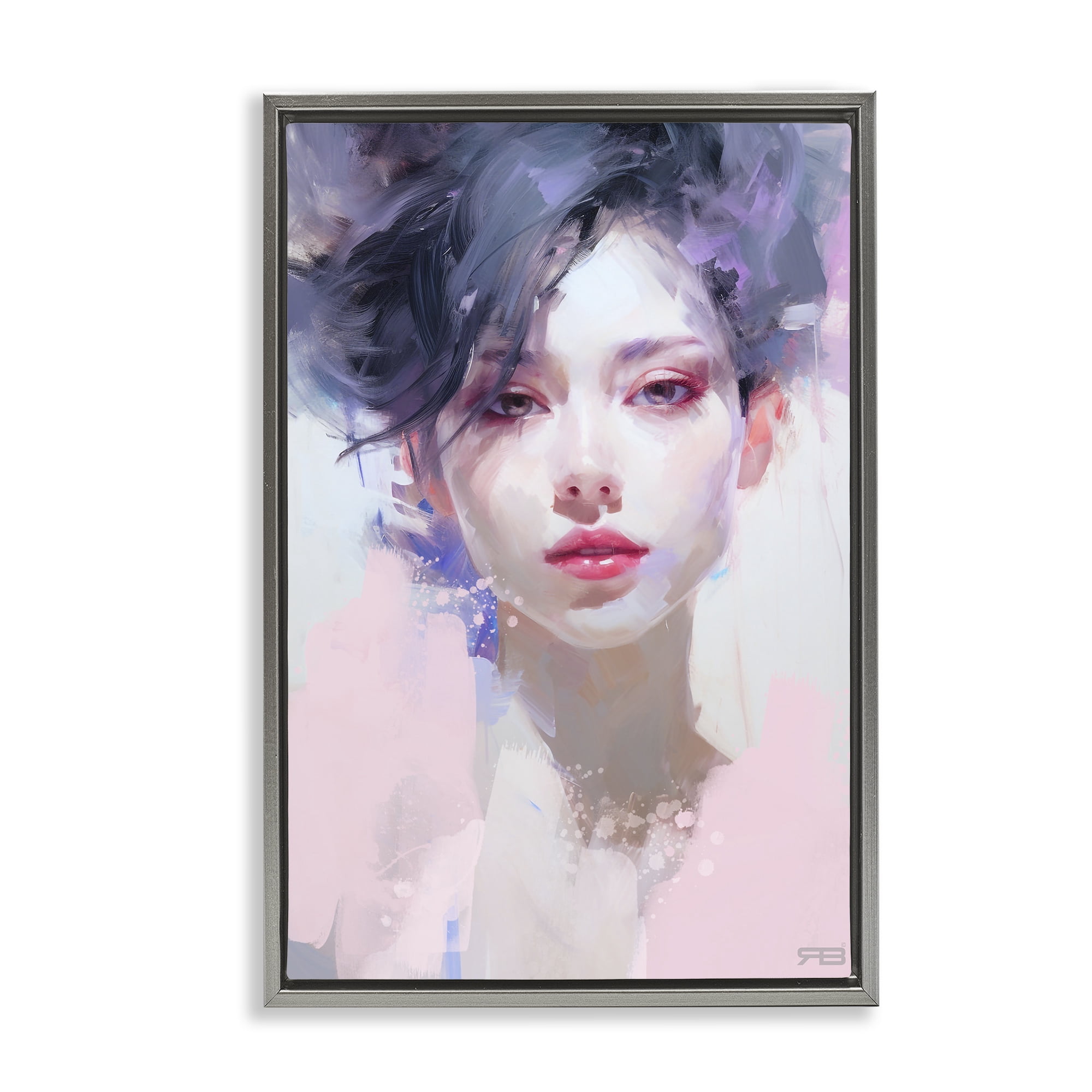 Stupell Industries Purple Haired Woman Novelty Painting Gray Floater Framed Art Print Wall Art, 17 x 25