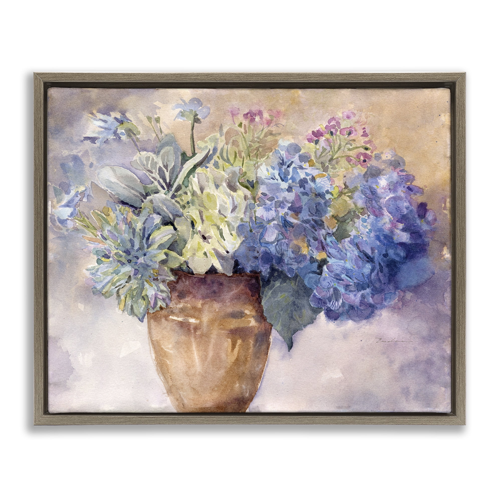 Stupell Industries Purple Hydrangea Painting Botanical & Floral Painting Brown Floater Framed Canvas Art Print Wall Art, 31 x 25