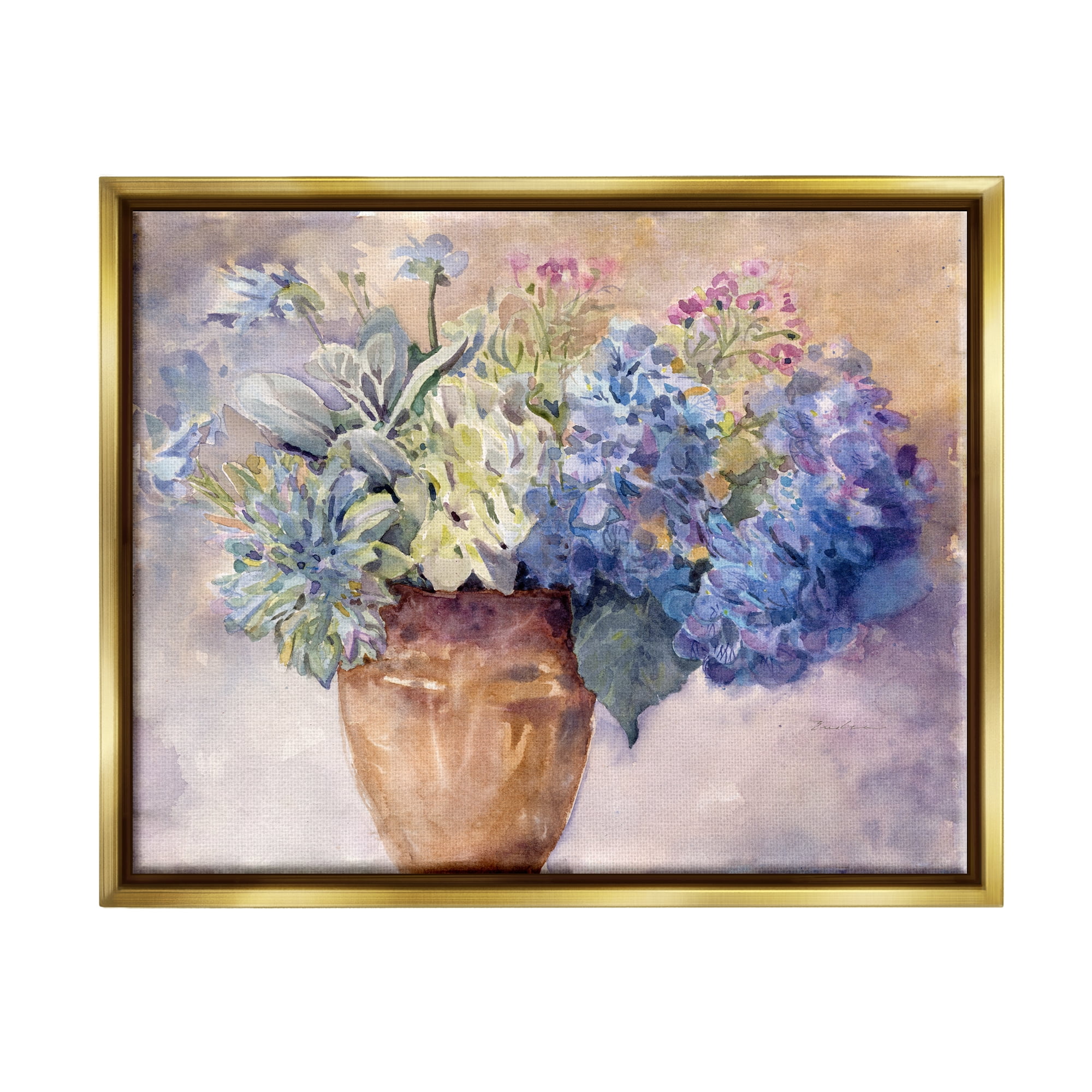 Stupell Industries Purple Hydrangea Painting Botanical & Floral Painting Gold Floater Framed Canvas Art Print Wall Art, 21 x 17