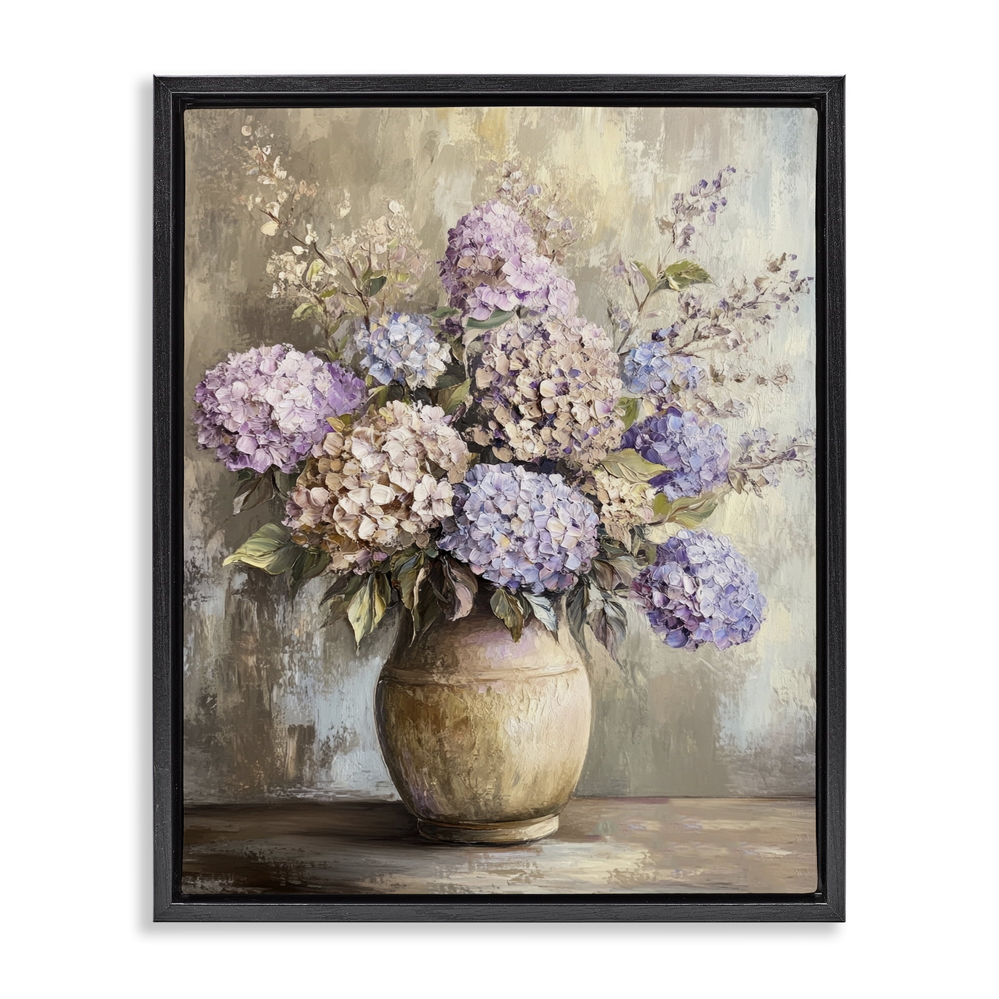 Stupell Industries Purple Hydrangea Pottery Plants & Flowers Painting Black Floater Framed Canvas Art Print Wall Art, 25 x 31