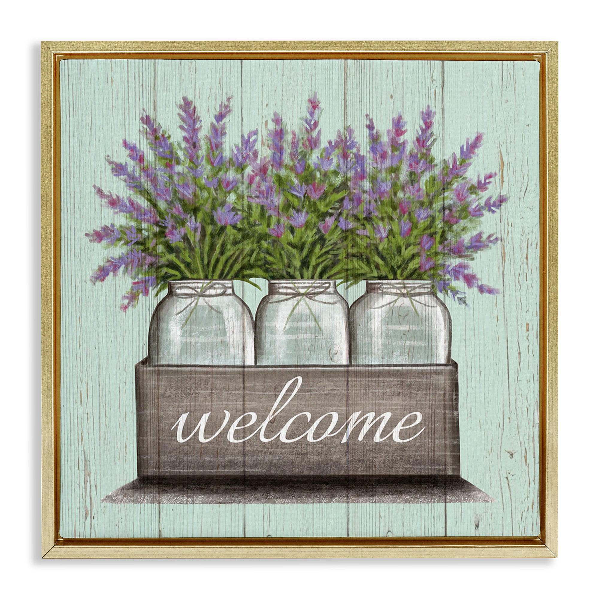 Stupell Industries Purple Lavender Florals in Jars Botanical & Floral Painting Gold Floater Framed Canvas Art Print Wall Art, 18 x 18