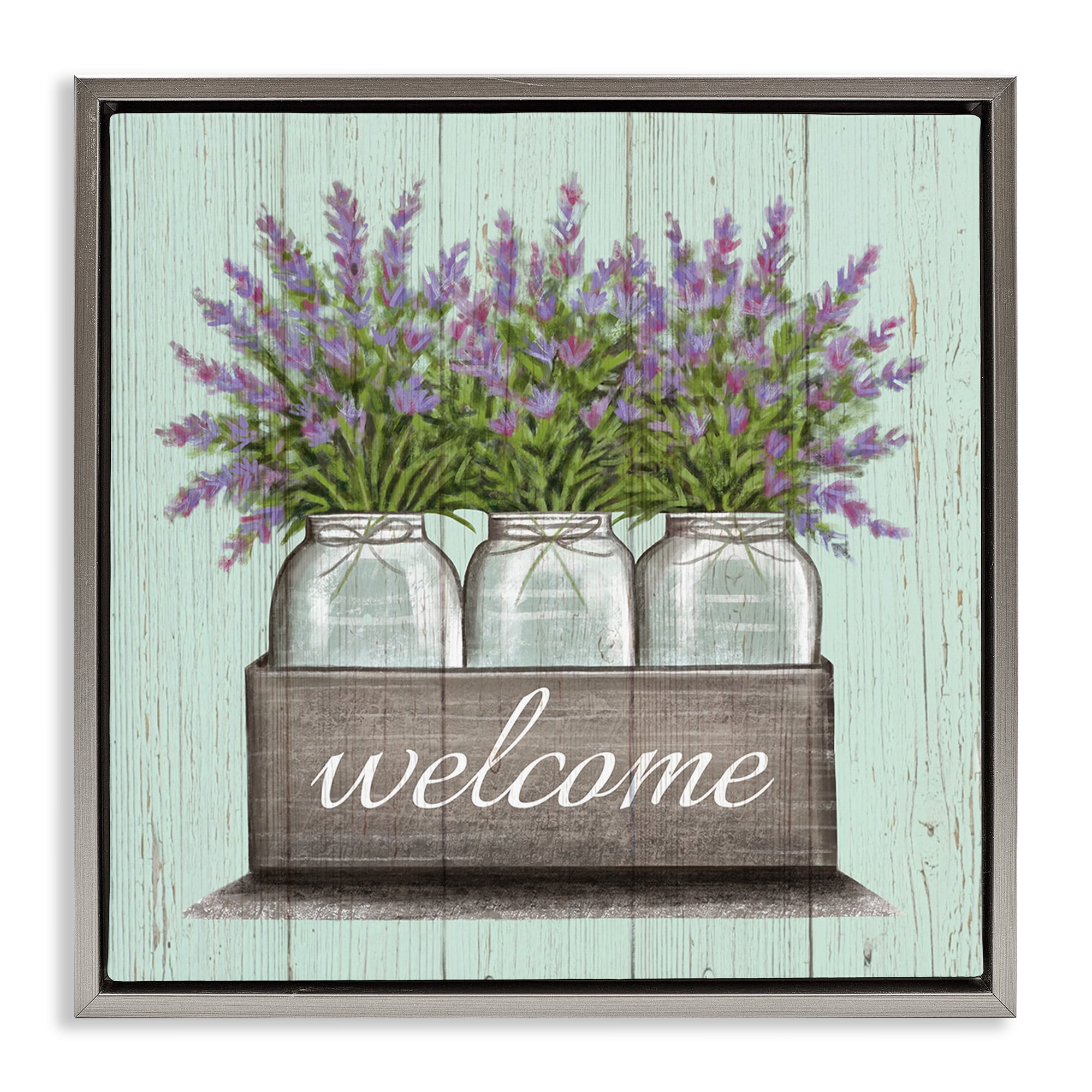 Stupell Industries Purple Lavender Florals in Jars Botanical & Floral Painting Gray Floater Framed Canvas Art Print Wall Art, 25 x 25