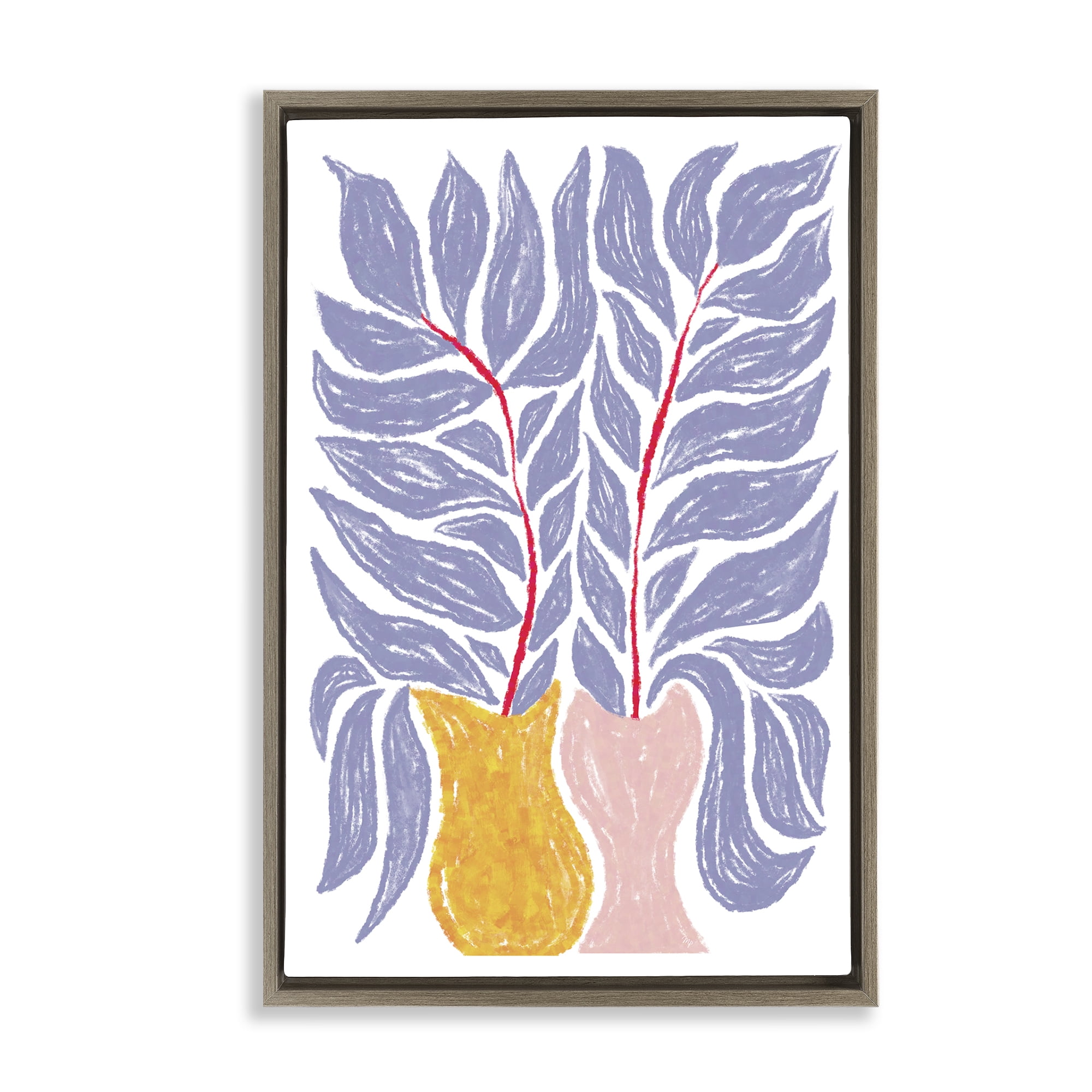 Stupell Industries Purple Leaves in Vases Plants & Flowers Painting Brown Floater Framed Canvas Art Print Wall Art, 17 x 25