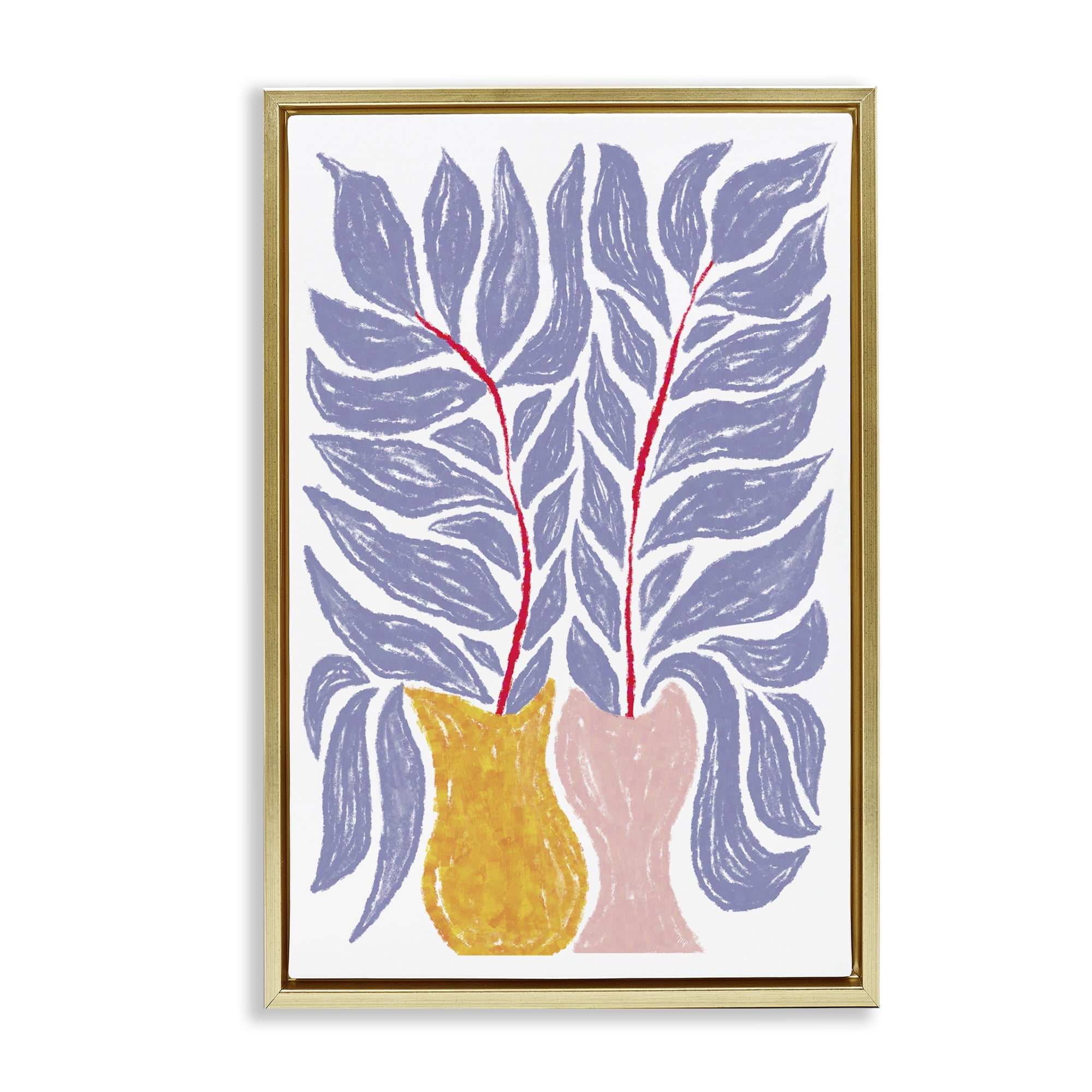 Stupell Industries Purple Leaves in Vases Plants & Flowers Painting Gold Floater Framed Canvas Art Print Wall Art, 17 x 25