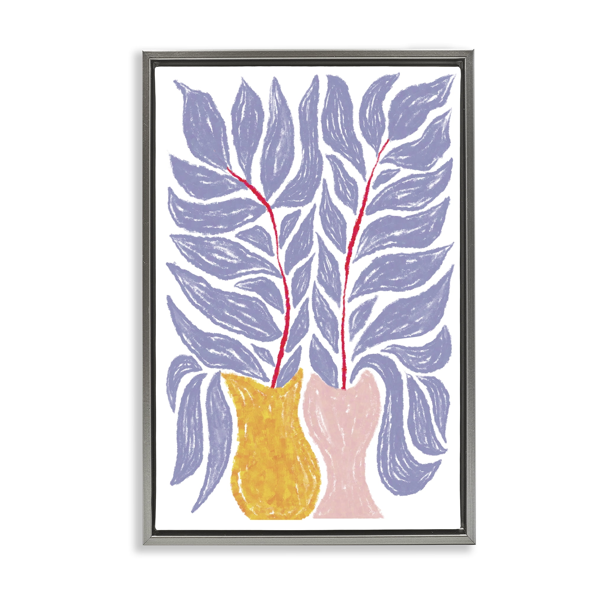 Stupell Industries Purple Leaves in Vases Plants & Flowers Painting Gray Floater Framed Canvas Art Print Wall Art, 17 x 25