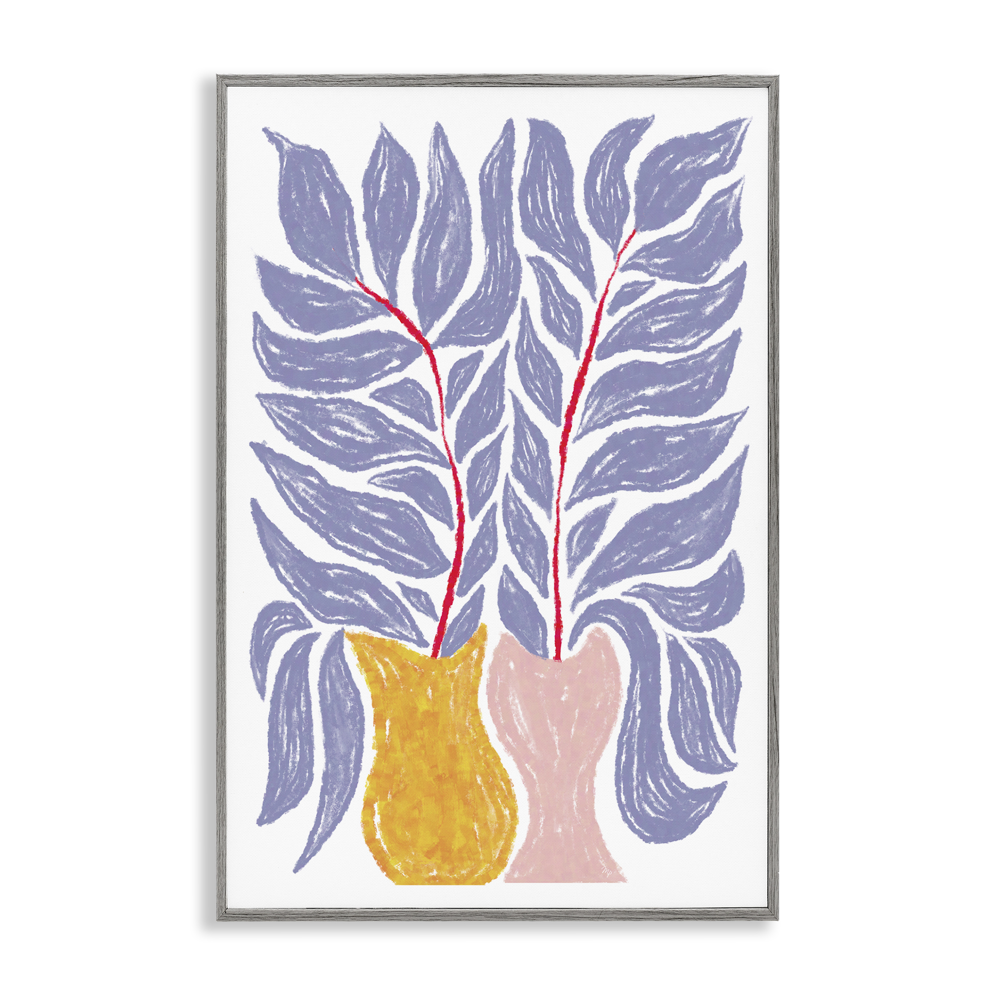 Stupell Industries Purple Leaves in Vases Plants & Flowers Painting Gray Framed Art Print Wall Art, 20 x 30