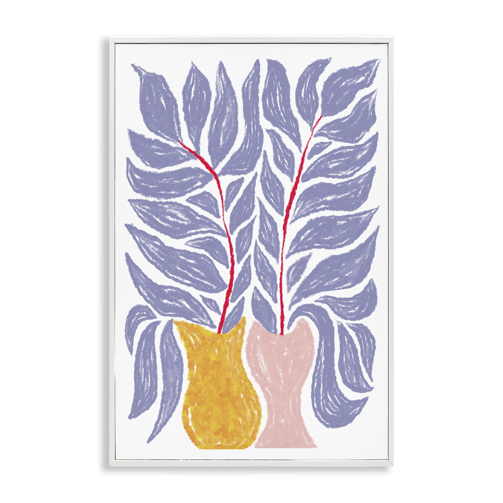 Stupell Industries Purple Leaves in Vases Plants & Flowers Painting White Framed Art Print Wall Art, 16 x 24