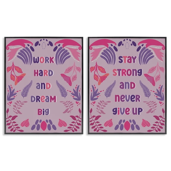 Stupell Industries Purple Motivational Work Hard Quotes and Sayings Painting Black Framed Art Print Wall Art, 11 x 14, Set of 2