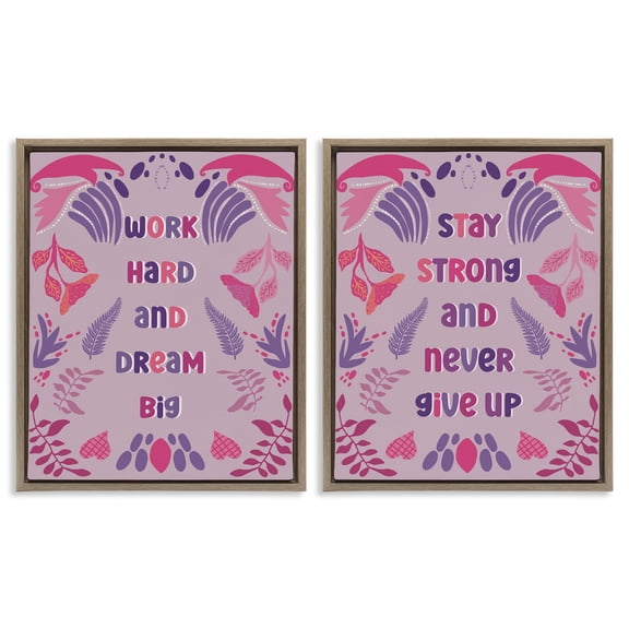 Stupell Industries Purple Motivational Work Hard Quotes and Sayings Painting Brown Floater Framed Canvas Art Print Wall Art, 17 x 21, Set of 2