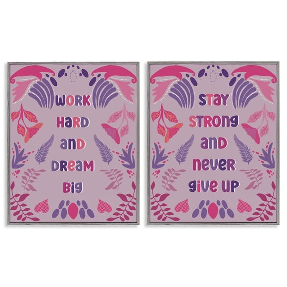 Stupell Industries Purple Motivational Work Hard Quotes and Sayings Painting Gray Framed Art Print Wall Art, 16 x 20, Set of 2