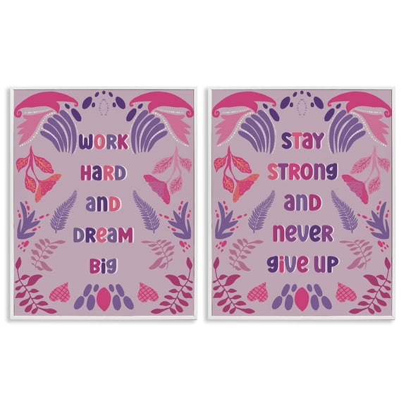 Stupell Industries Purple Motivational Work Hard Quotes and Sayings Painting White Framed Art Print Wall Art, 16 x 20, Set of 2