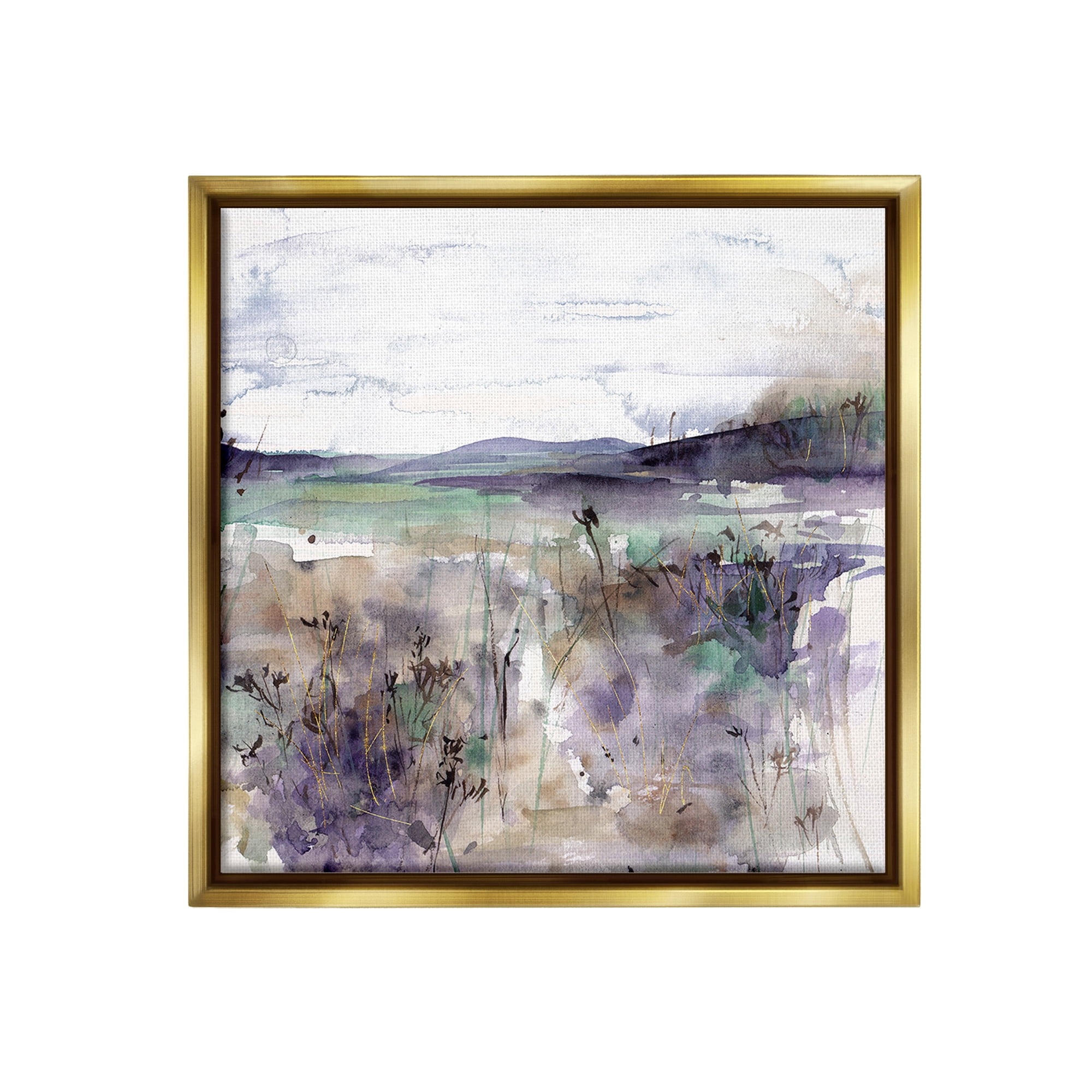 Stupell Industries Purple Mountain Distortion Landscape Painting Gold Floater Framed Canvas Art Print Wall Art, 18 x 18